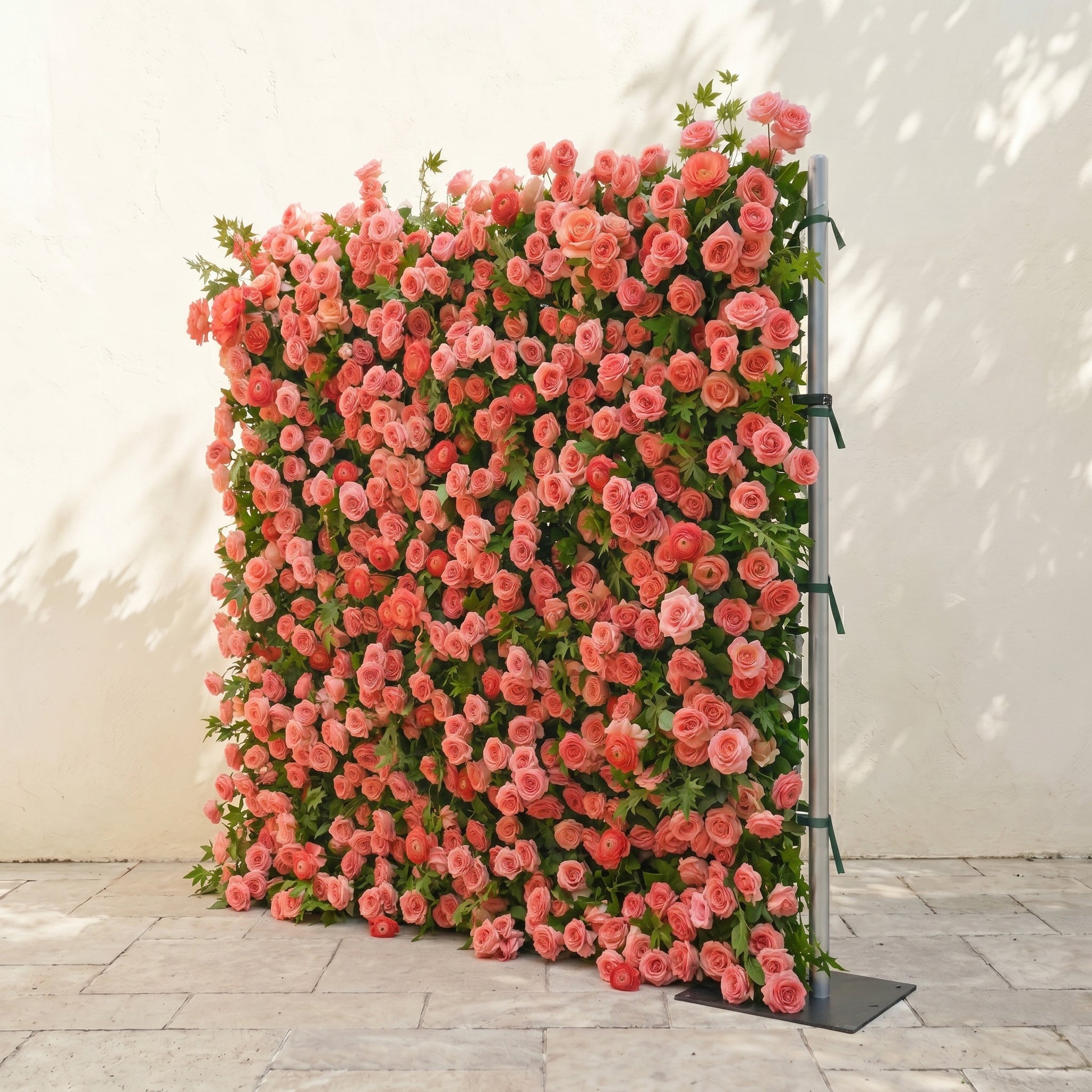 Elvenlena:Premium 5D Bright Coral Floral Wall with Greenery Roll-Up Backdrop for Cheerful Outdoor Garden Events