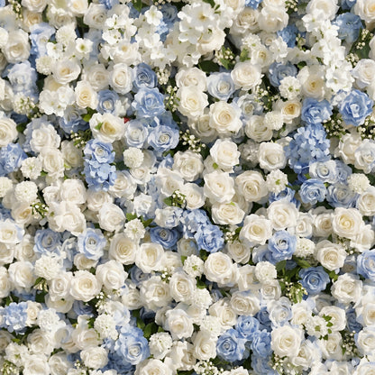 Embermira: Luxury 4D Ice White &amp; Sky Blue Silk Floral Wall Backdrop for Destination Weddings