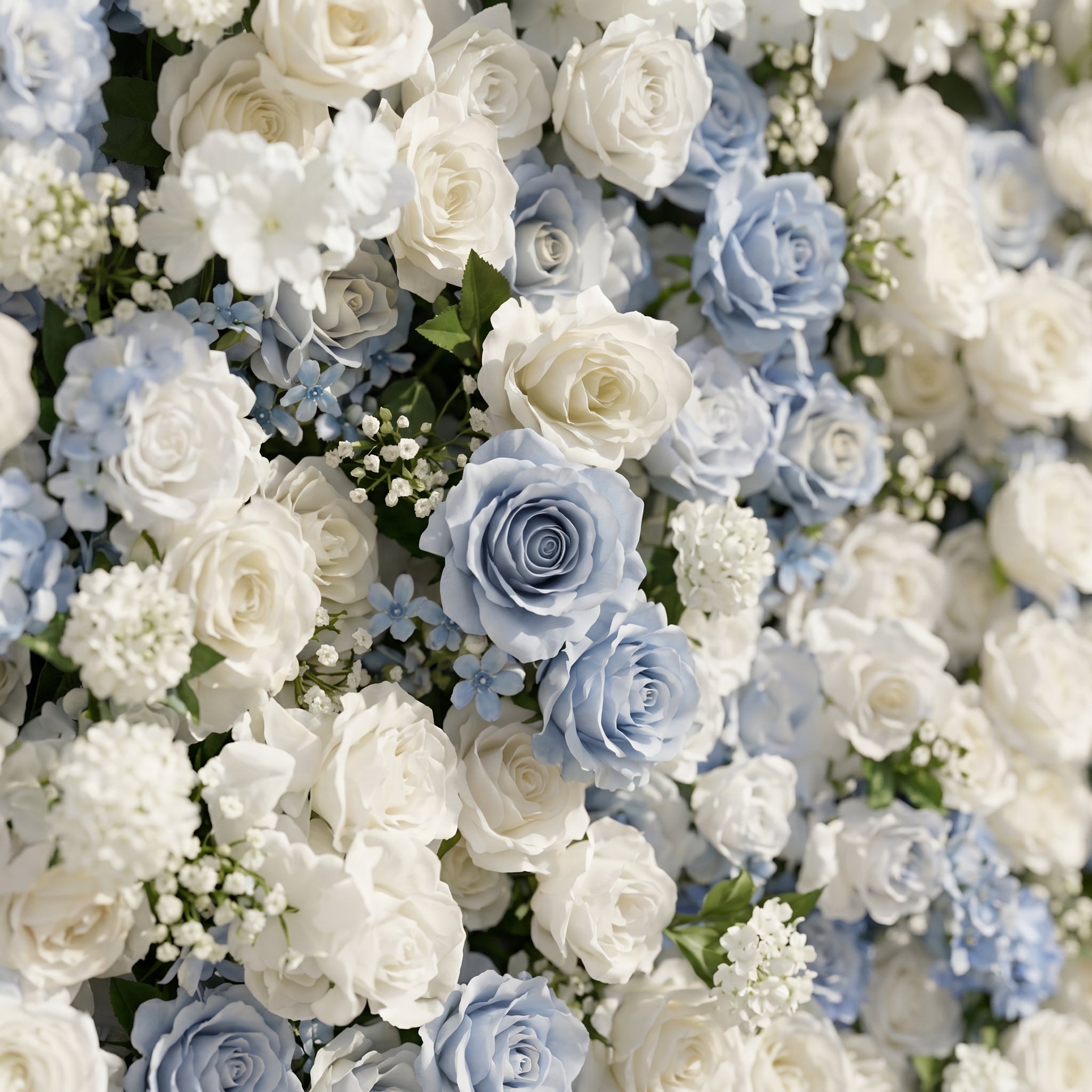 Embermira: Luxury 4D Ice White &amp; Sky Blue Silk Floral Wall Backdrop for Destination Weddings