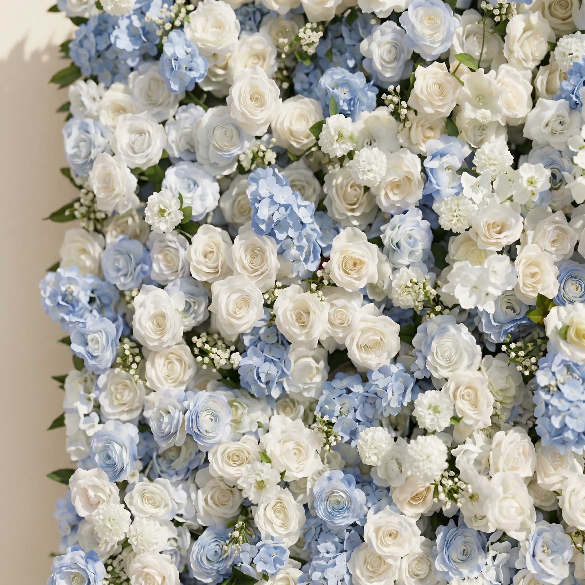 Embermira: Luxury 4D Ice White &amp; Sky Blue Silk Floral Wall Backdrop for Destination Weddings