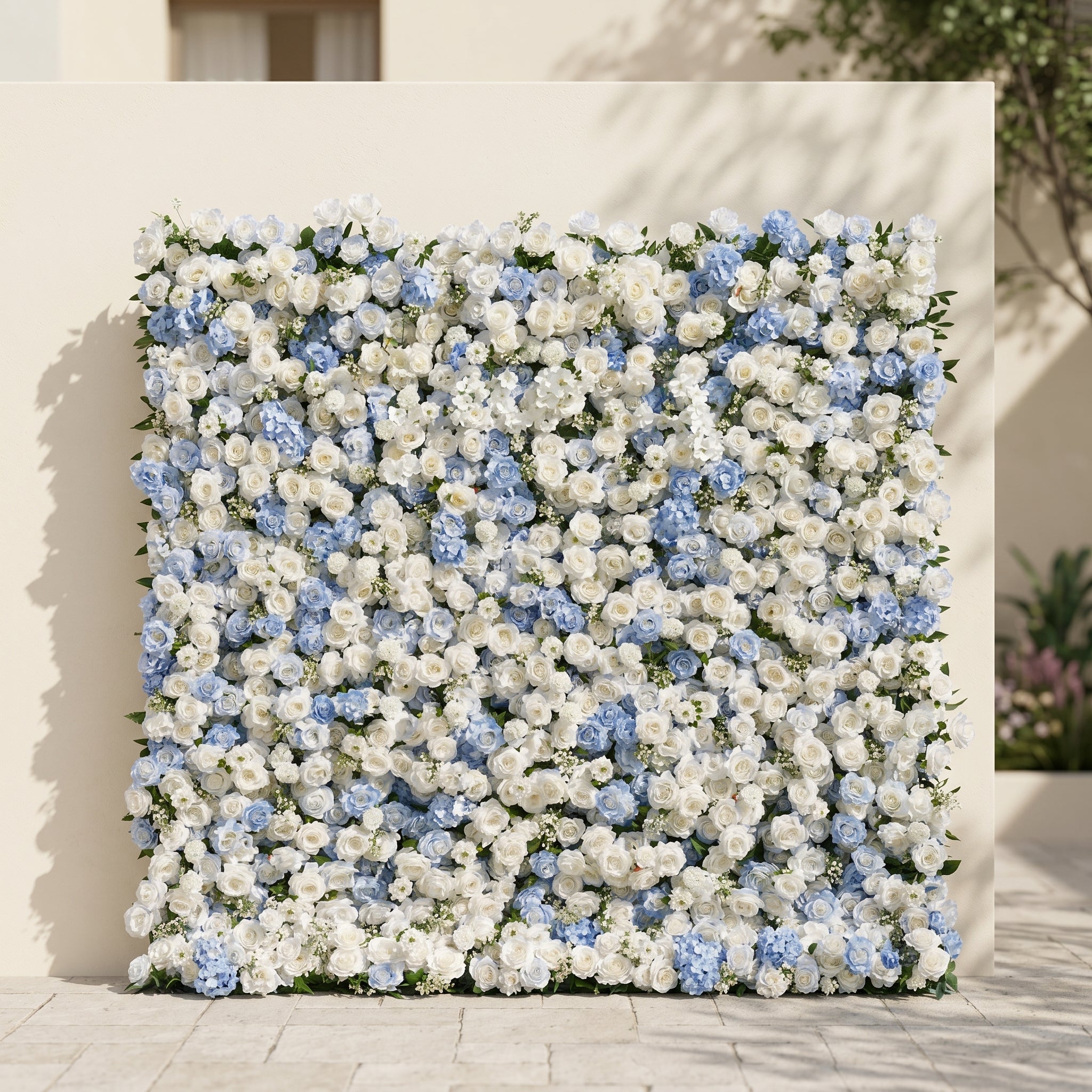 Embermira: Luxury 4D Ice White &amp; Sky Blue Silk Floral Wall Backdrop for Destination Weddings