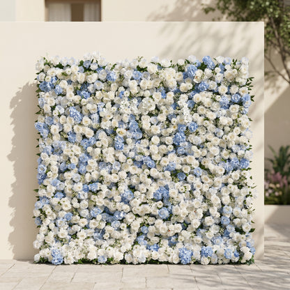 Embermira: Luxury 4D Ice White &amp; Sky Blue Silk Floral Wall Backdrop for Destination Weddings