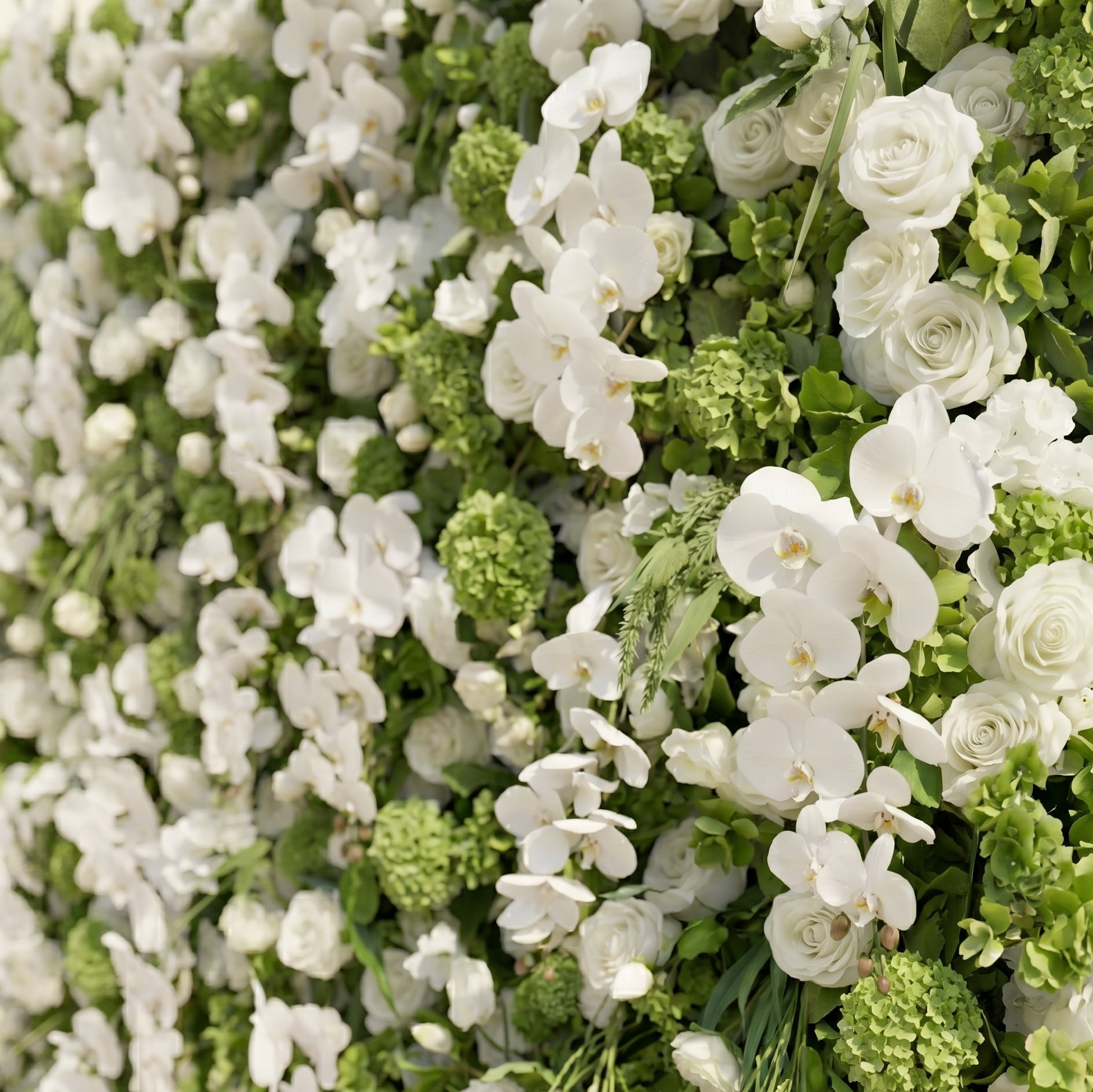 Evelaria: Luxury 5D White &amp; Green Silk Floral Wall Roll-Up Backdrop for Edgy Romantic Weddings