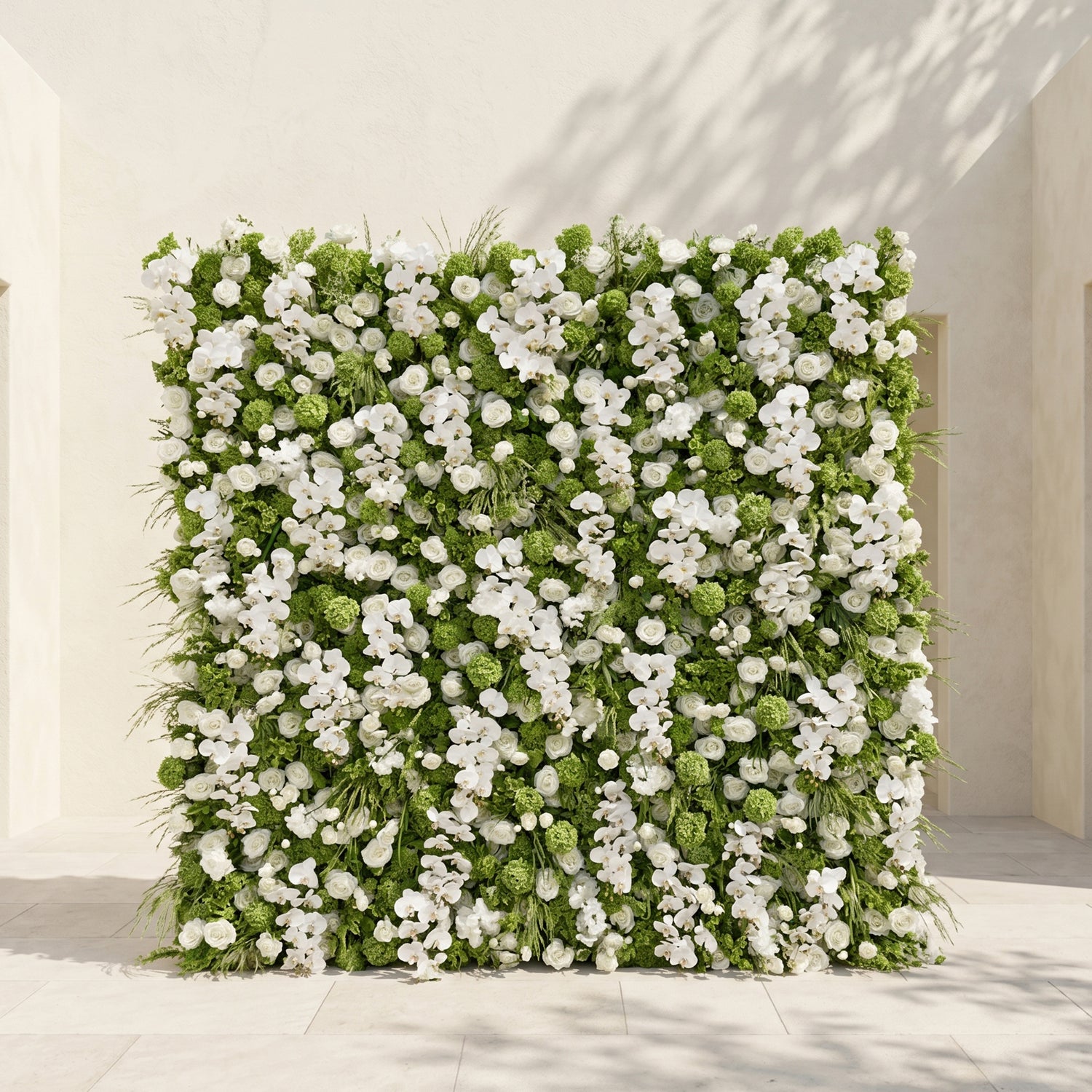 Evelaria: Luxury 5D White &amp; Green Silk Floral Wall Roll-Up Backdrop for Edgy Romantic Weddings