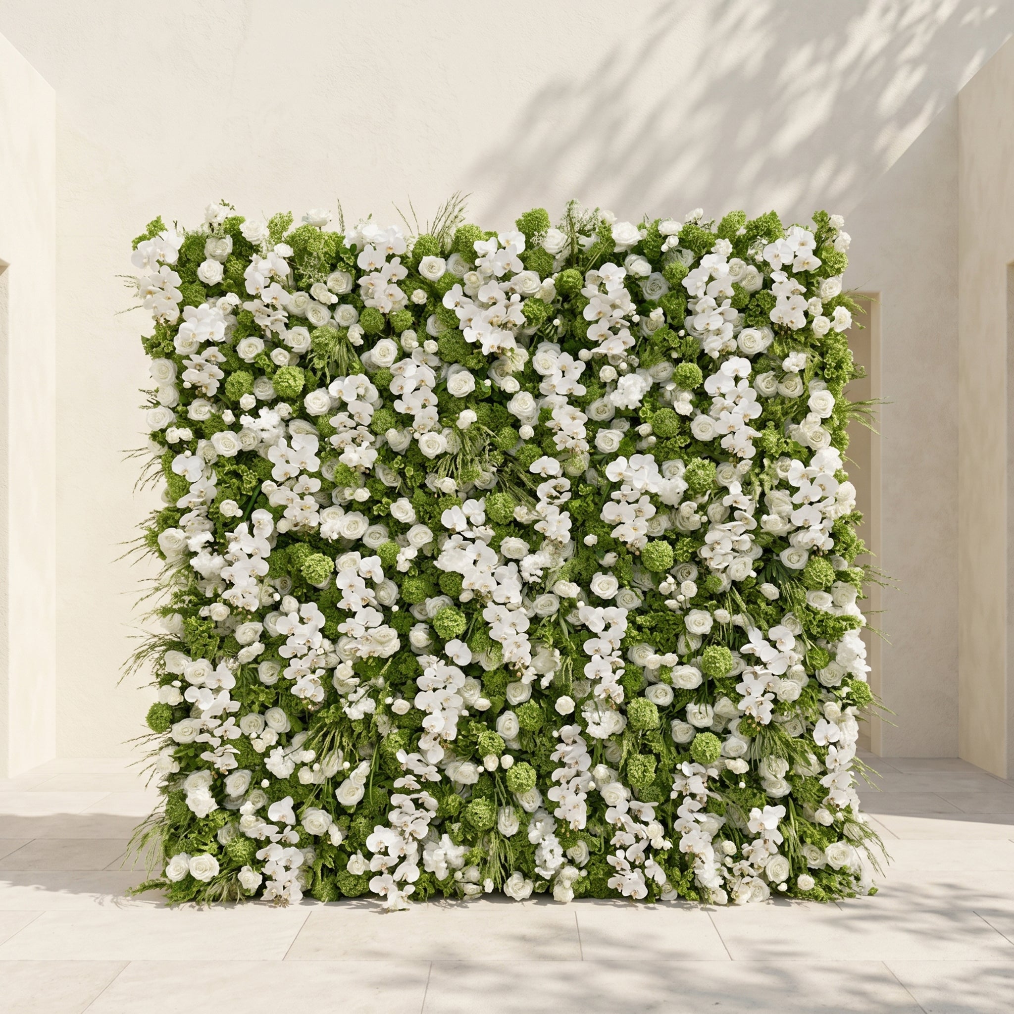 Evelaria: Luxury 5D White &amp; Green Silk Floral Wall Roll-Up Backdrop for Edgy Romantic Weddings