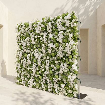 Evelaria: Luxury 5D White &amp; Green Silk Floral Wall Roll-Up Backdrop for Edgy Romantic Weddings