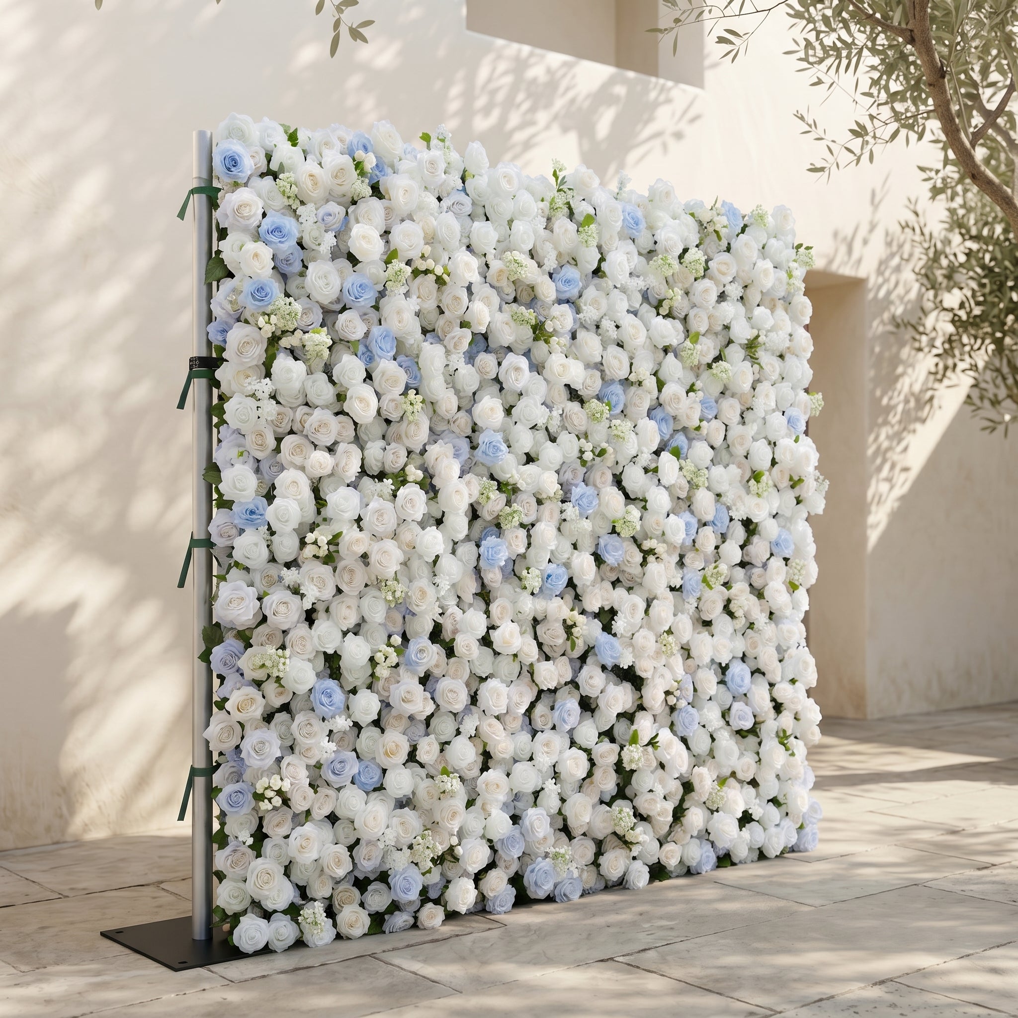 Fiorelle:5D Dusty Baby Blue &amp; Ivory White Silk Rose Flower Wall Roll-Up Fabric Backdrop for Romantic Weddings &amp; Proposals