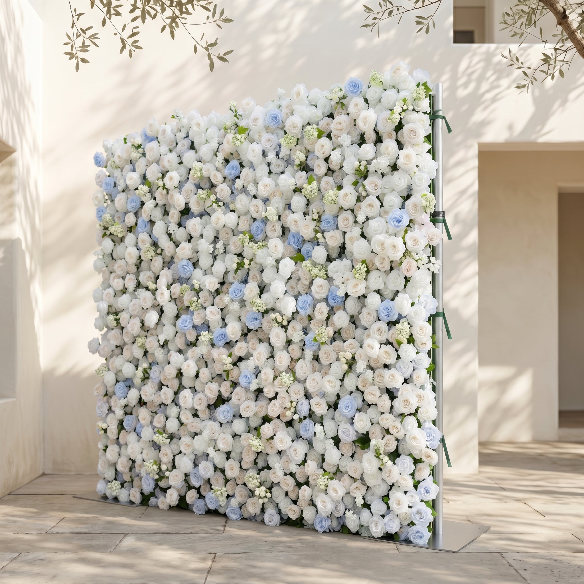 Fiorelle:5D Dusty Baby Blue &amp; Ivory White Silk Rose Flower Wall Roll-Up Fabric Backdrop for Romantic Weddings &amp; Proposals