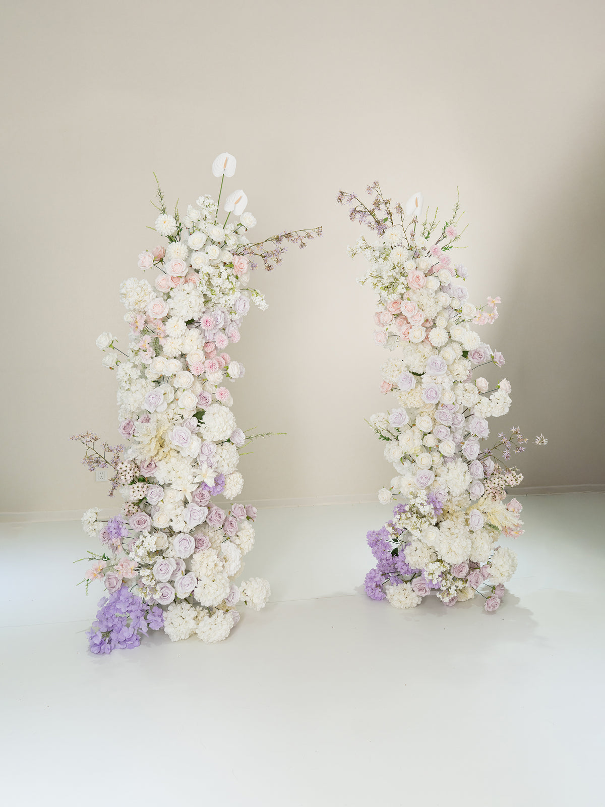 Gabina: All White Silk Floral Ground Horn Arch Arrangement with Cascading Amaranthus Greenery for Romantic Minimalist Weddings &amp; Garden Event Decor Including Frame