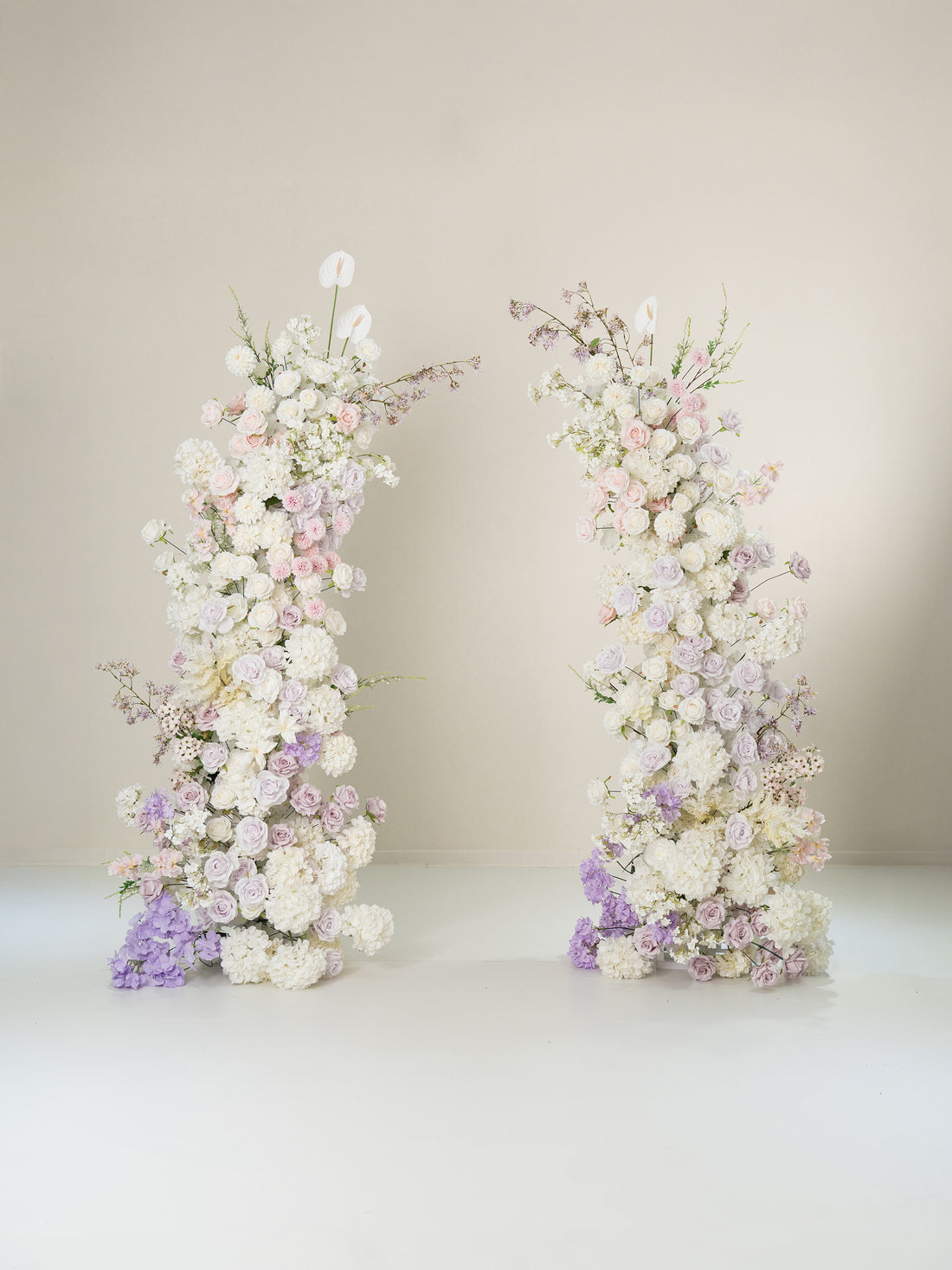 Gabina: All White Silk Floral Ground Horn Arch Arrangement with Cascading Amaranthus Greenery for Romantic Minimalist Weddings &amp; Garden Event Decor Including Frame