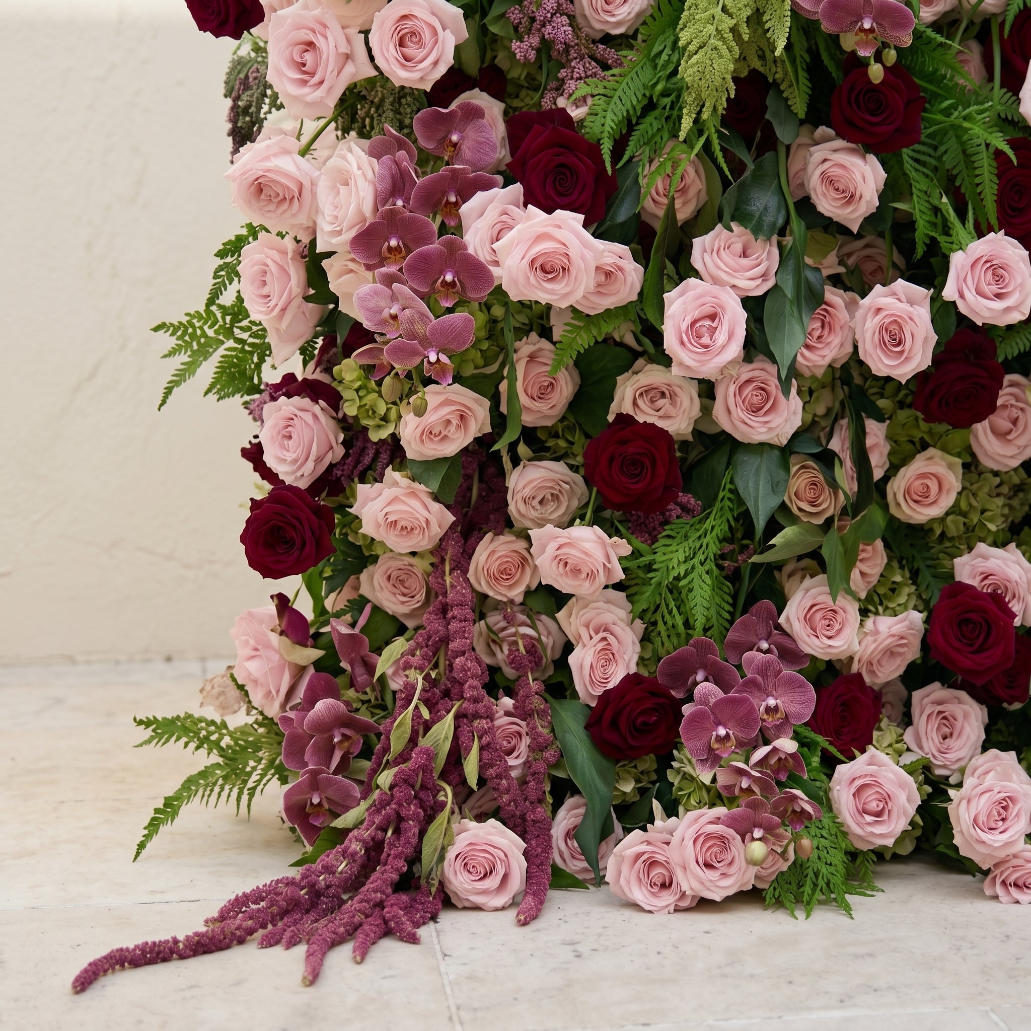 Gaellena:Luxury 5D Burgundy &amp; Blush Pink Floral Wall with Greenery Roll-Up Backdrop for Romantic Fall Weddings