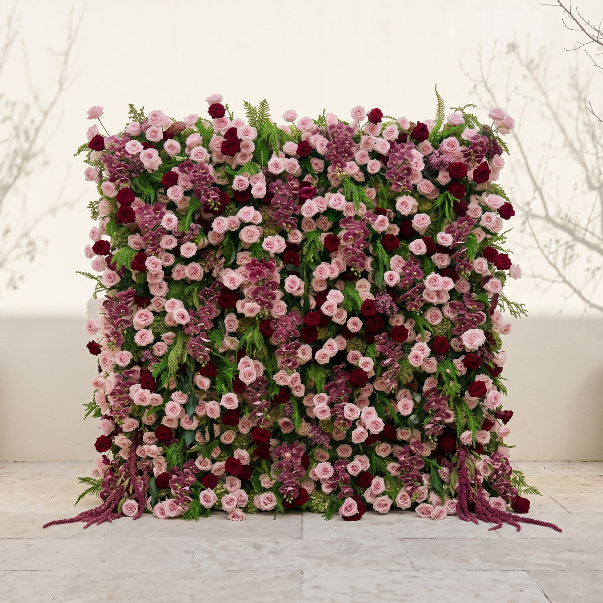 Gaellena:Luxury 5D Burgundy & Blush Pink Floral Wall with Greenery Roll-Up Backdrop for Romantic Fall Weddings