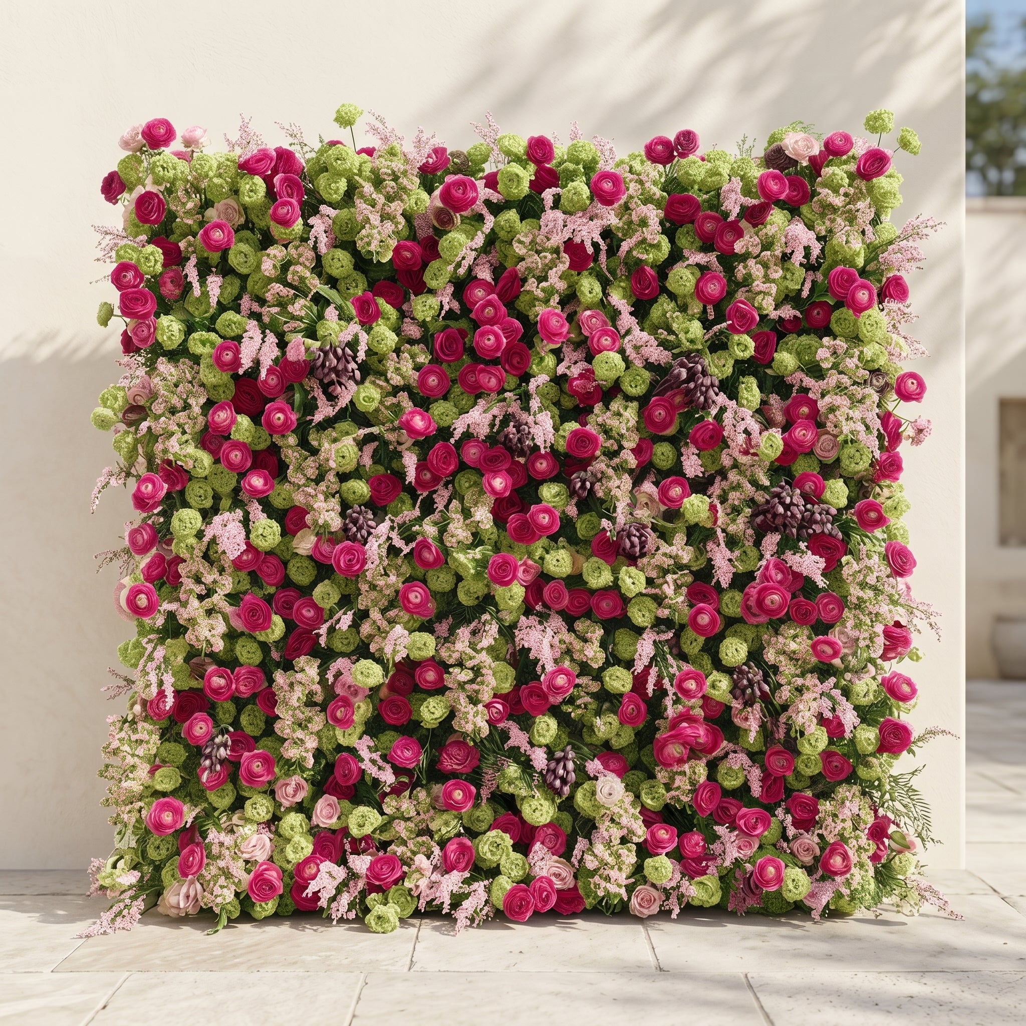 Floria: Luxury 5D Hot Pink &amp; Green Silk Floral Wall Roll-Up Fabric Backdrop for Vibrant Summer Parties &amp; Events