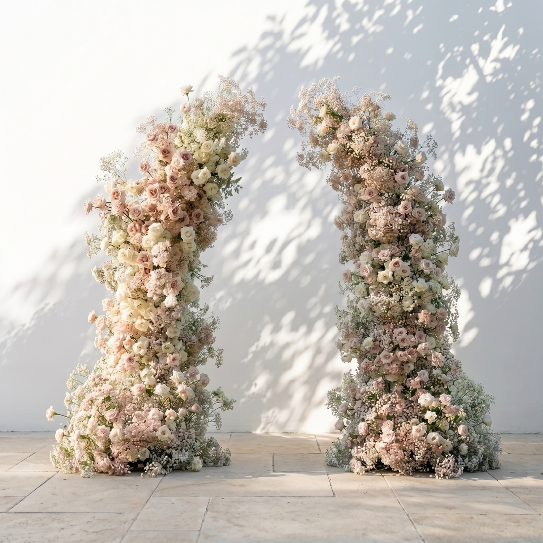 Gemessa: Luxury Ivory White Silk Floral Ground Horn Arch Arrangement with Cascading Amaranthus Greenery for Romantic Minimalist Weddings &amp; Garden Event Decor Including Frame