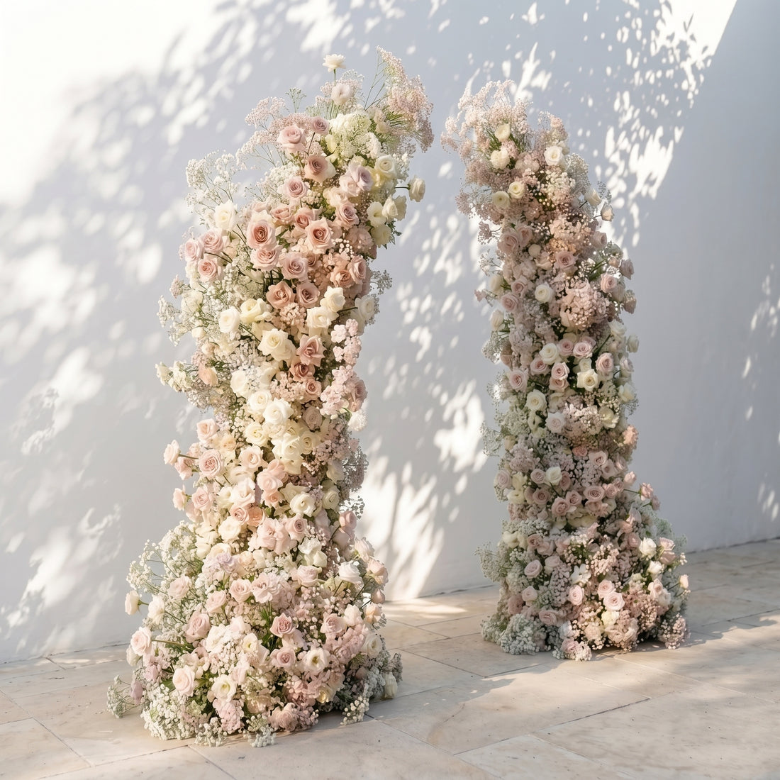 Gemessa: Luxury Ivory White Silk Floral Ground Horn Arch Arrangement with Cascading Amaranthus Greenery for Romantic Minimalist Weddings &amp; Garden Event Decor Including Frame