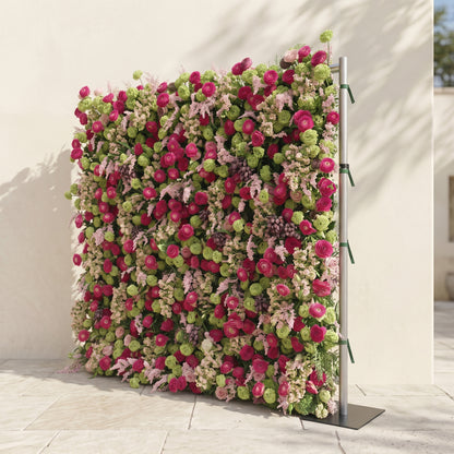 Floria: Luxury 5D Hot Pink &amp; Green Silk Floral Wall Roll-Up Fabric Backdrop for Vibrant Summer Parties &amp; Events