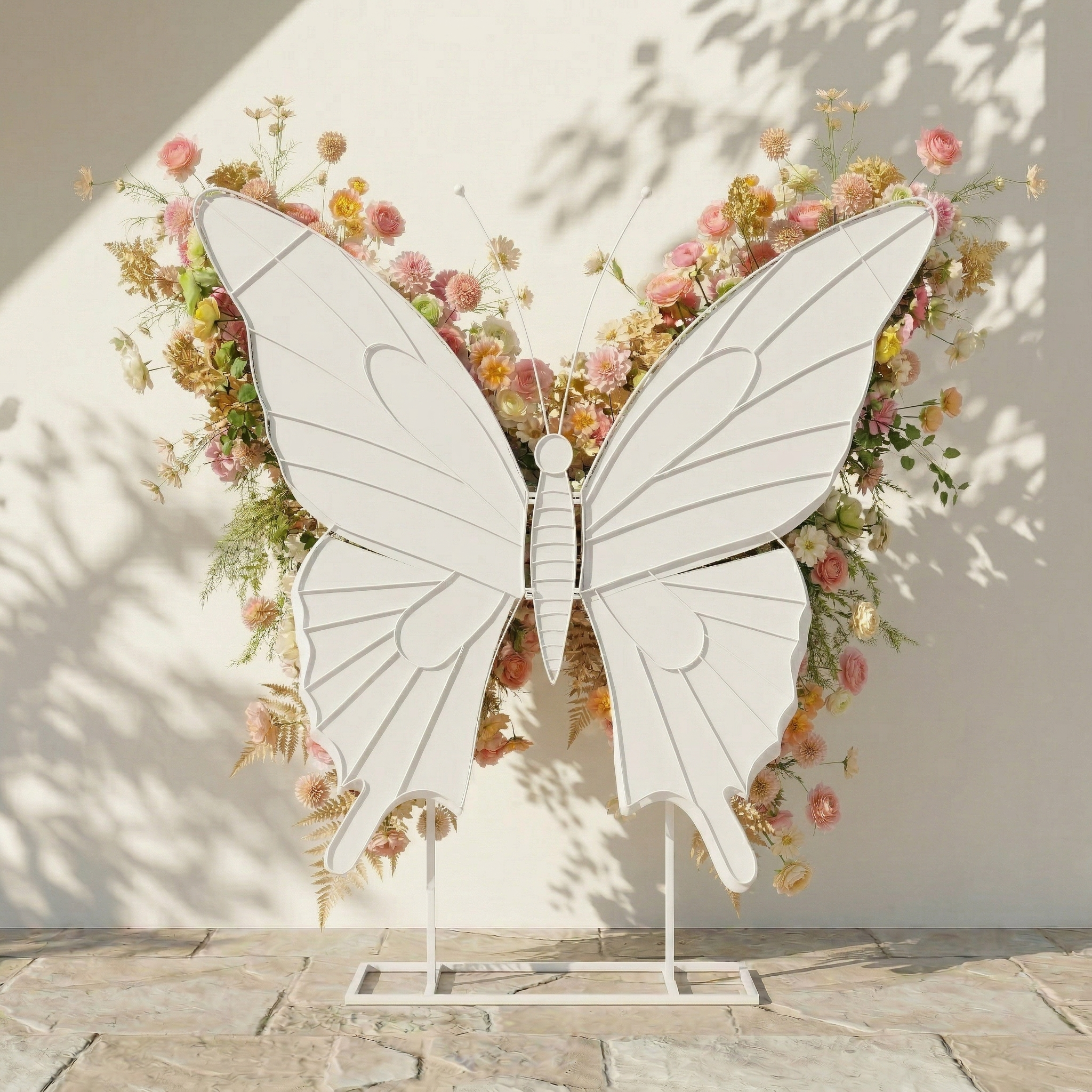Cirelle: Exquisite Peach &amp; Champagne Butterfly-Shaped Flower Wall Backdrop for Garden Proposals &amp; Weddings