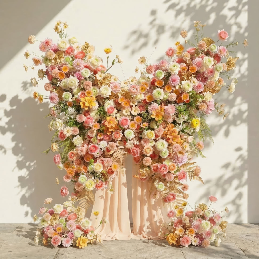 Cirelle: Exquisite Peach &amp; Champagne Butterfly-Shaped Flower Wall Backdrop for Garden Proposals &amp; Weddings