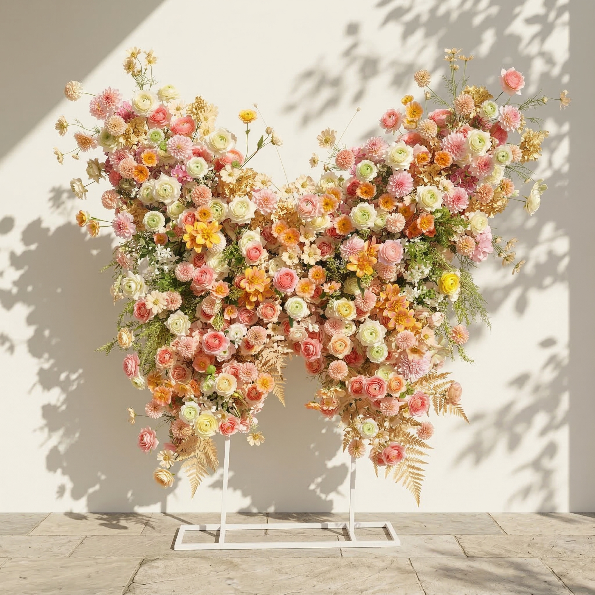 Cirelle: Exquisite Peach &amp; Champagne Butterfly-Shaped Flower Wall Backdrop for Garden Proposals &amp; Weddings
