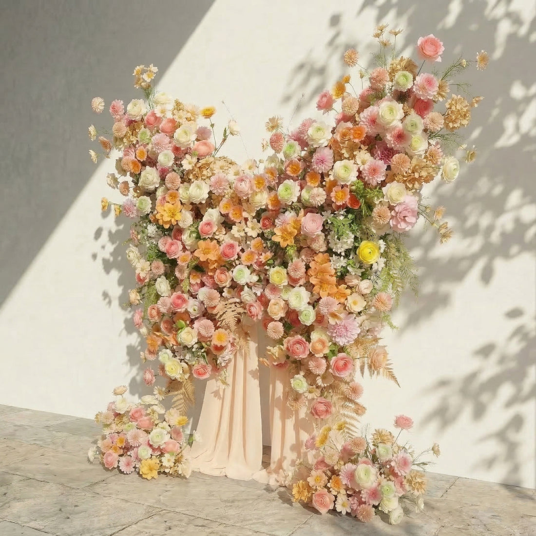 Cirelle: Exquisite Peach &amp; Champagne Butterfly-Shaped Flower Wall Backdrop for Garden Proposals &amp; Weddings