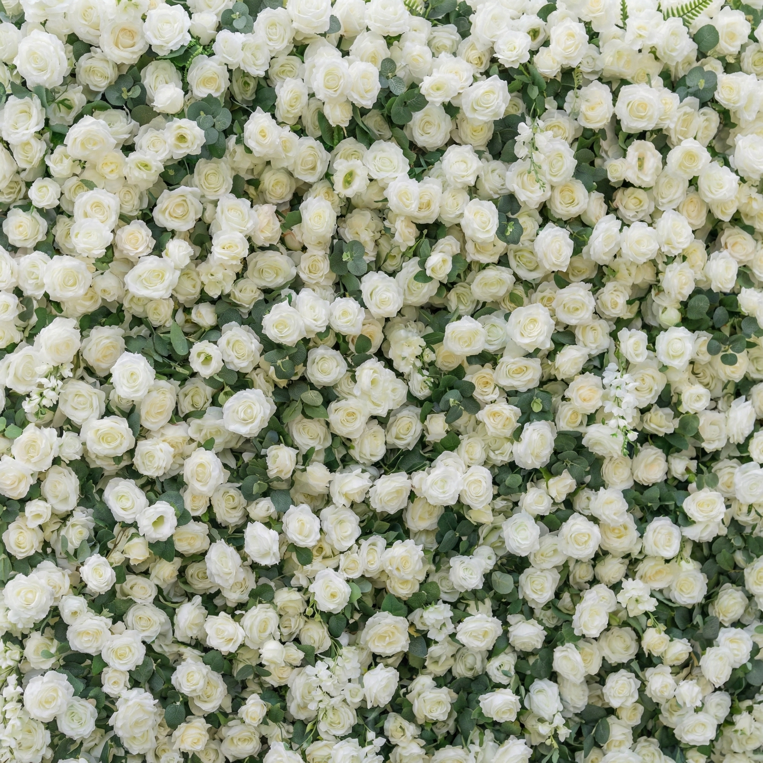 Sylas: 5D Luxury White Rose &amp; Forest Foliage Silk Floral Wall Roll-Up Fabric Backdrop for Elegant Garden Weddings &amp; Receptions