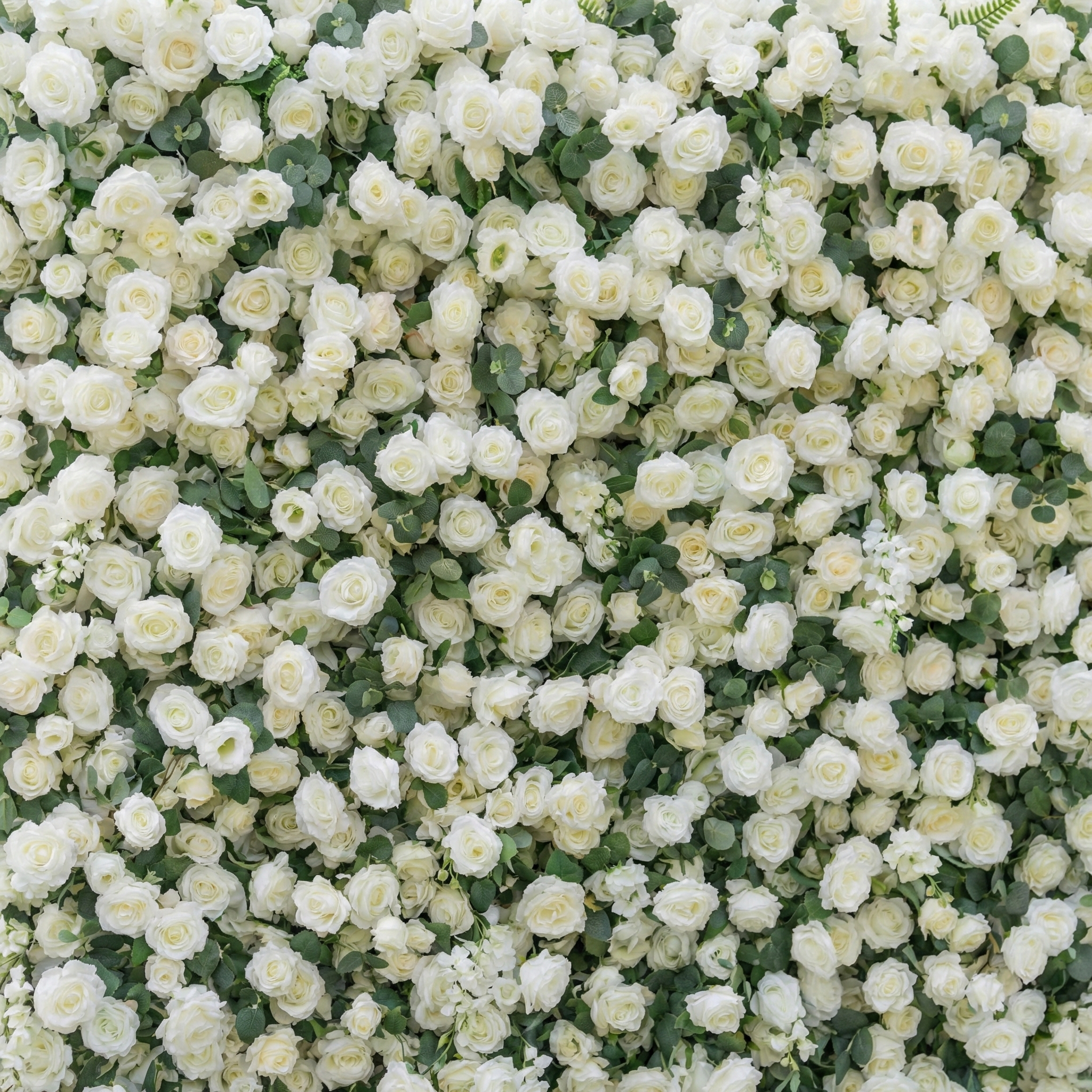 Sylas: 5D Luxury White Rose &amp; Forest Foliage Silk Floral Wall Roll-Up Fabric Backdrop for Elegant Garden Weddings &amp; Receptions