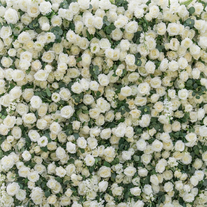 Sylas: 5D Luxury White Rose &amp; Forest Foliage Silk Floral Wall Roll-Up Fabric Backdrop for Elegant Garden Weddings &amp; Receptions