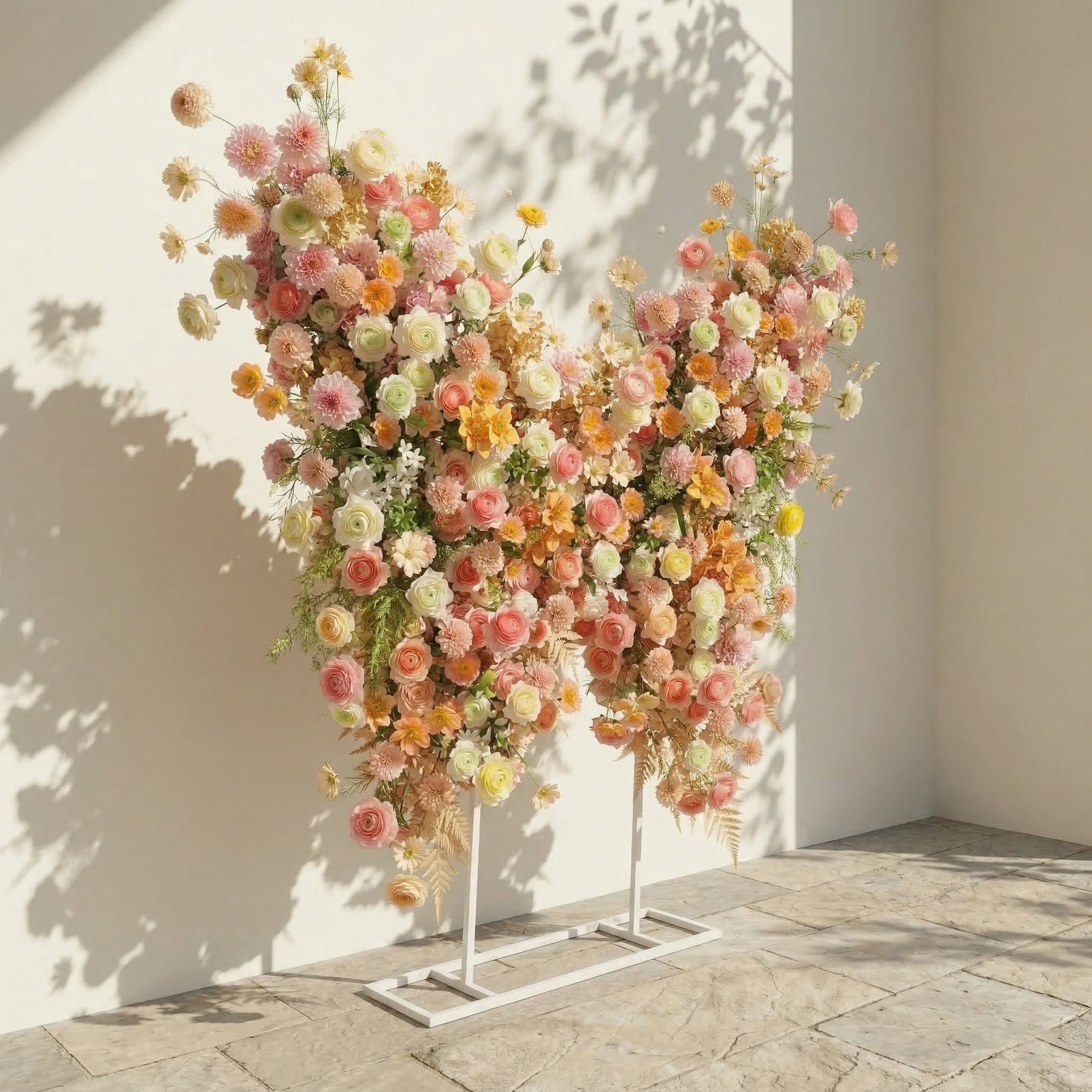 Cirelle: Exquisite Peach &amp; Champagne Butterfly-Shaped Flower Wall Backdrop for Garden Proposals &amp; Weddings
