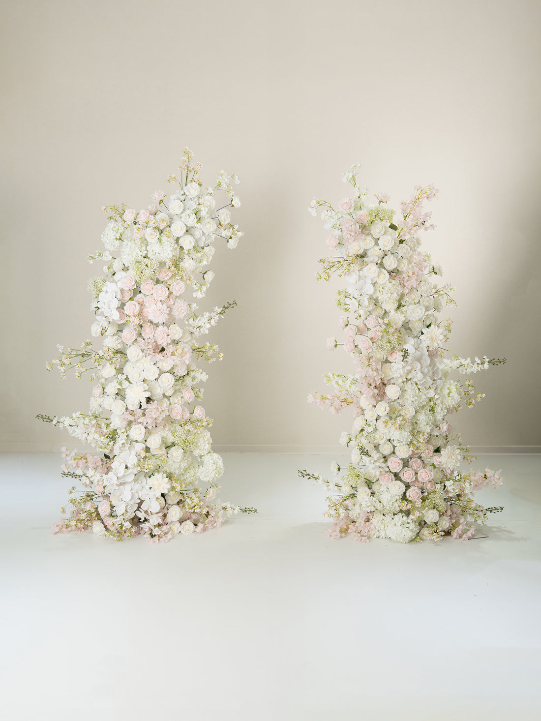 Gerisa: All White Silk Floral Ground Horn Arch Arrangement with Cascading Amaranthus Greenery for Romantic Minimalist Weddings &amp; Garden Event Decor Including Frame