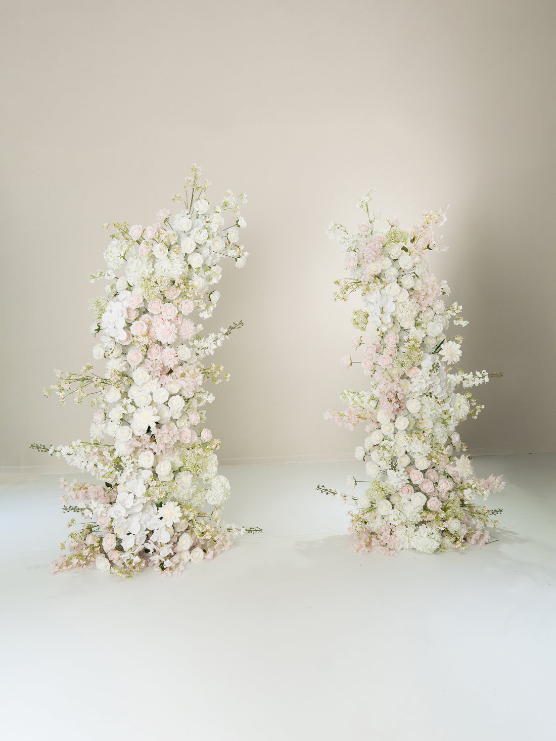 Gerisa: All White Silk Floral Ground Horn Arch Arrangement with Cascading Amaranthus Greenery for Romantic Minimalist Weddings &amp; Garden Event Decor Including Frame