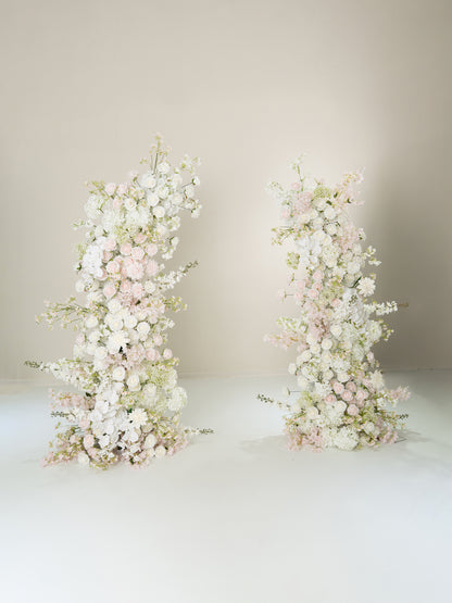 Gerisa: All White Silk Floral Ground Horn Arch Arrangement with Cascading Amaranthus Greenery for Romantic Minimalist Weddings &amp; Garden Event Decor Including Frame