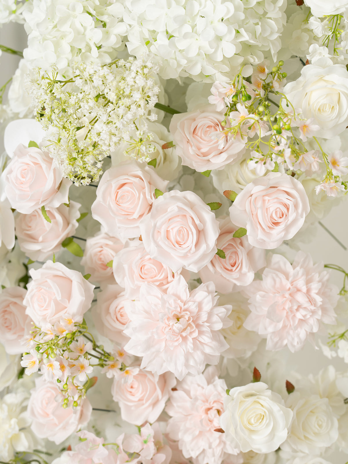 Gerisa: All White Silk Floral Ground Horn Arch Arrangement with Cascading Amaranthus Greenery for Romantic Minimalist Weddings &amp; Garden Event Decor Including Frame