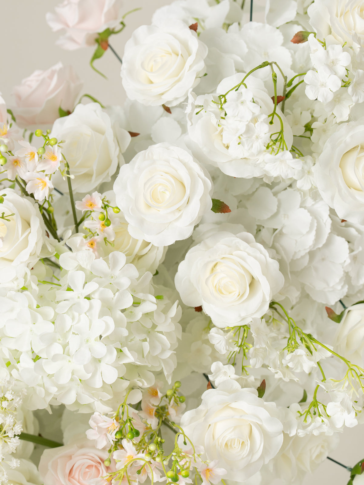 Gerisa: All White Silk Floral Ground Horn Arch Arrangement with Cascading Amaranthus Greenery for Romantic Minimalist Weddings &amp; Garden Event Decor Including Frame