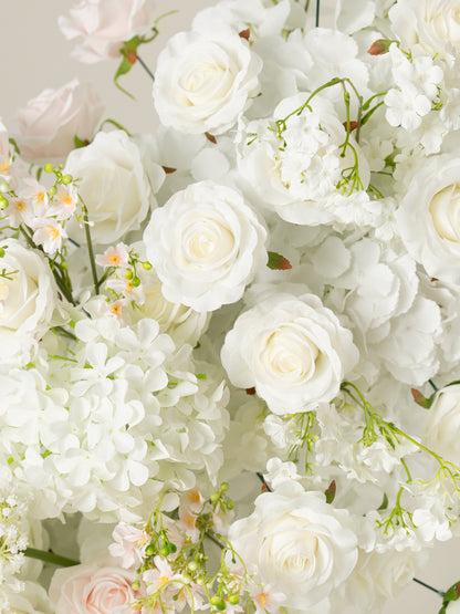 Gerisa: All White Silk Floral Ground Horn Arch Arrangement with Cascading Amaranthus Greenery for Romantic Minimalist Weddings &amp; Garden Event Decor Including Frame