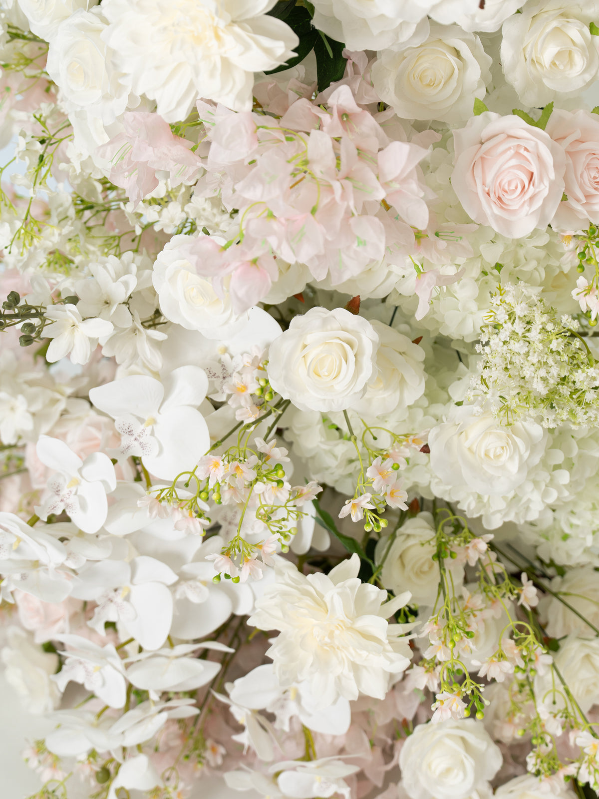Gerisa: All White Silk Floral Ground Horn Arch Arrangement with Cascading Amaranthus Greenery for Romantic Minimalist Weddings &amp; Garden Event Decor Including Frame