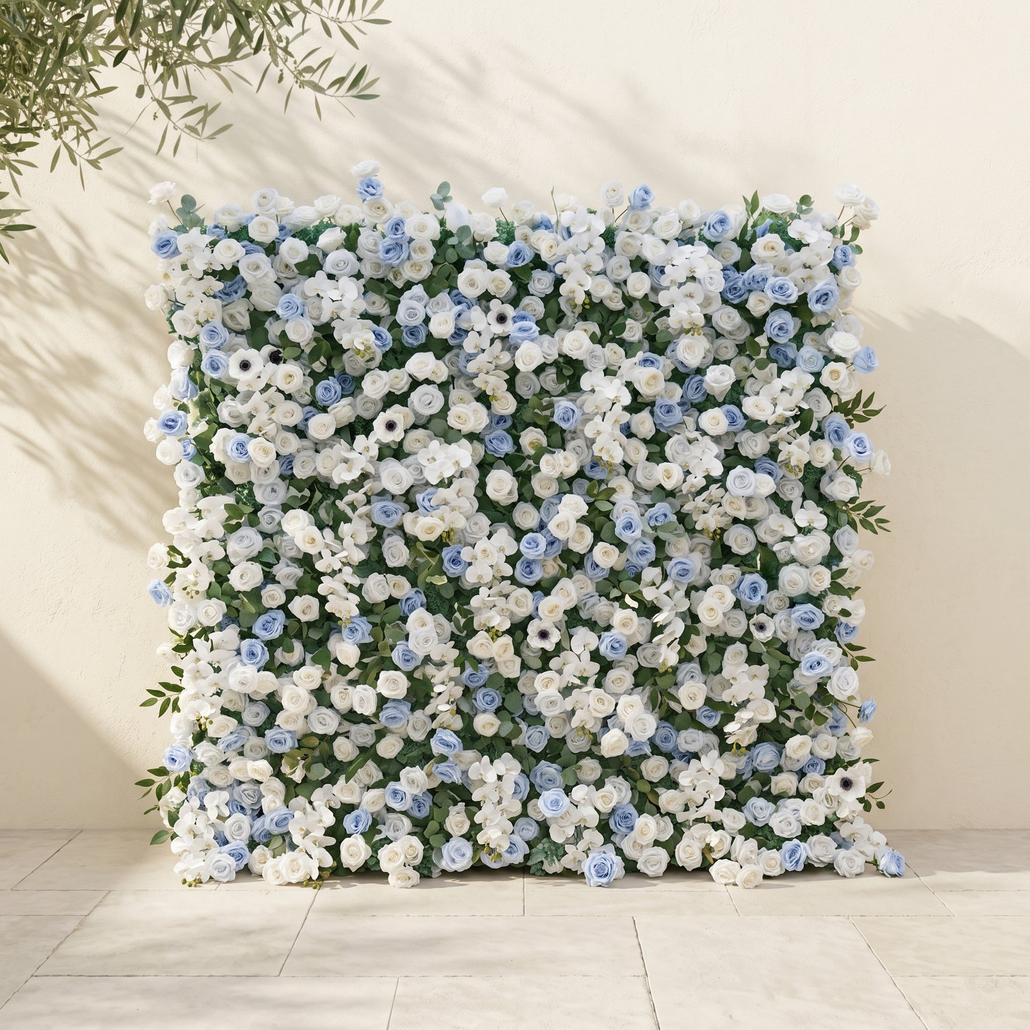 Glenena:Elegant 5D Sky Blue &amp; White Floral Wall Roll-Up Backdrop for Bright Spring Wedding Aesthetics