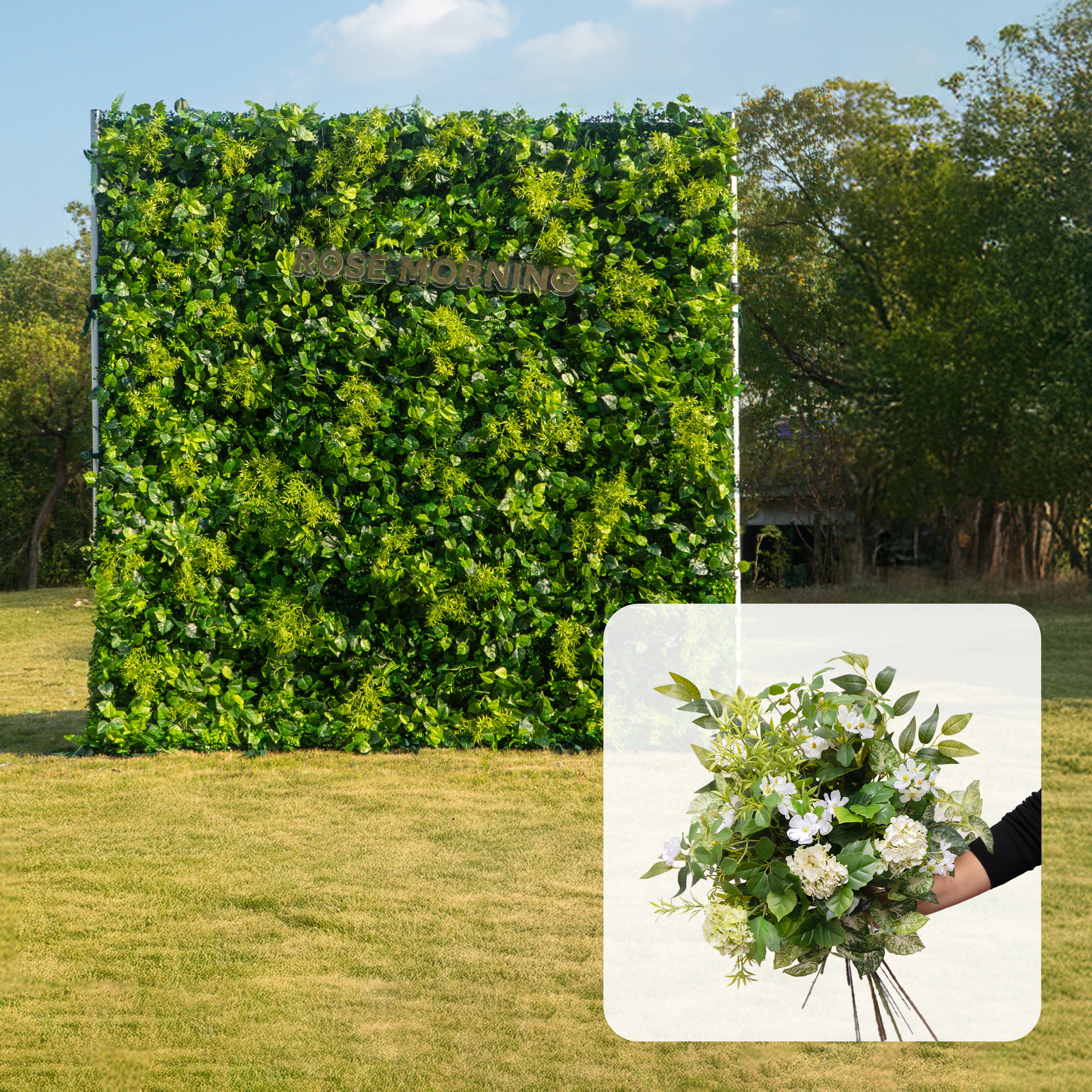 CP Greenery with Green Flowers: One Fabric Backdrop Artificial rolling up flower wall+ extra Loose Flowers