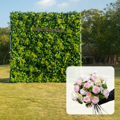 CP Greenery with Pink Flowers: One Fabric Backdrop Artificial rolling up flower wall+ extra Loose Flowers