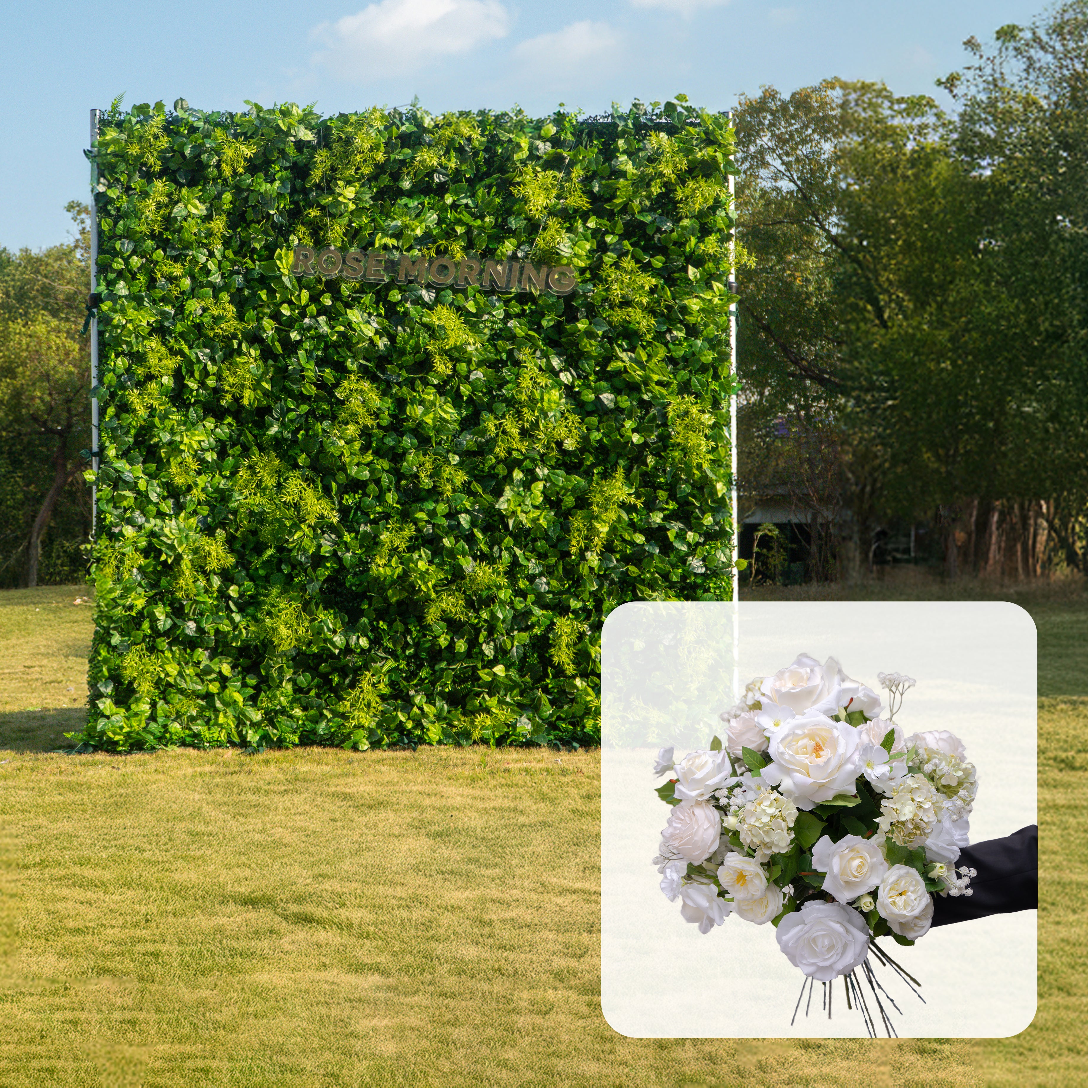 CP Greenery with White Flowers: One Fabric Backdrop Artificial rolling up flower wall+ extra Loose Flowers