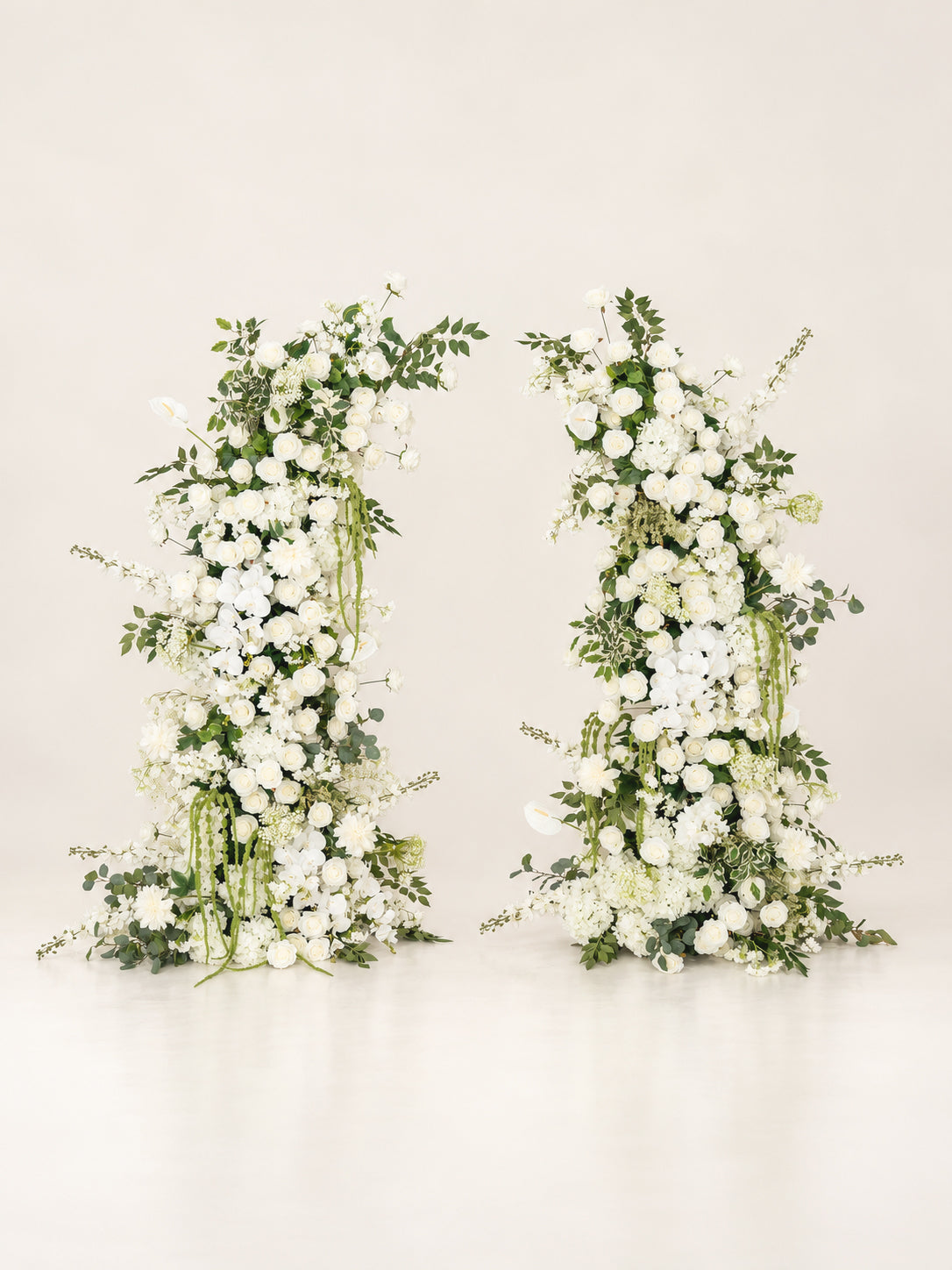 Gressa: Luxury White and Green Silk Floral Ground Horn Arch Arrangement with Cascading Amaranthus Greenery for Romantic Minimalist Weddings &amp; Garden Event Decor Including Frame