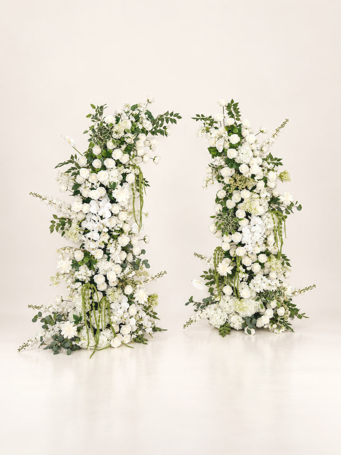 Gressa: Luxury White and Green Silk Floral Ground Horn Arch Arrangement with Cascading Amaranthus Greenery for Romantic Minimalist Weddings &amp; Garden Event Decor Including Frame