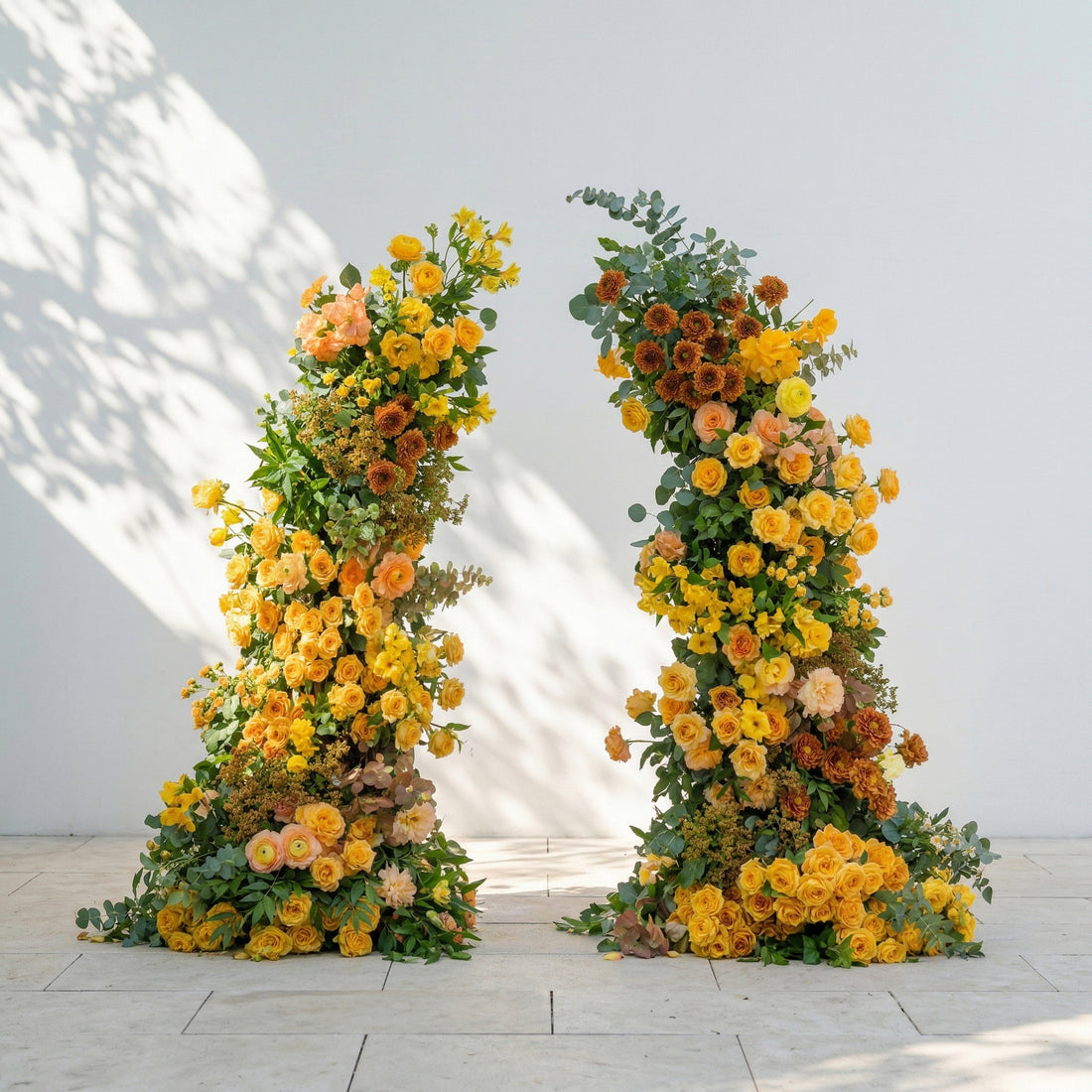 Hazrose:Luxury Warm Sunflower Yellow, Peach Orange &amp; Deep Rust Silk Floral Ground Horn Arch Arrangement with Lush Cascading Eucalyptus Greenery for Romantic Minimalist Weddings &amp; Garden Event Decor Including Frame