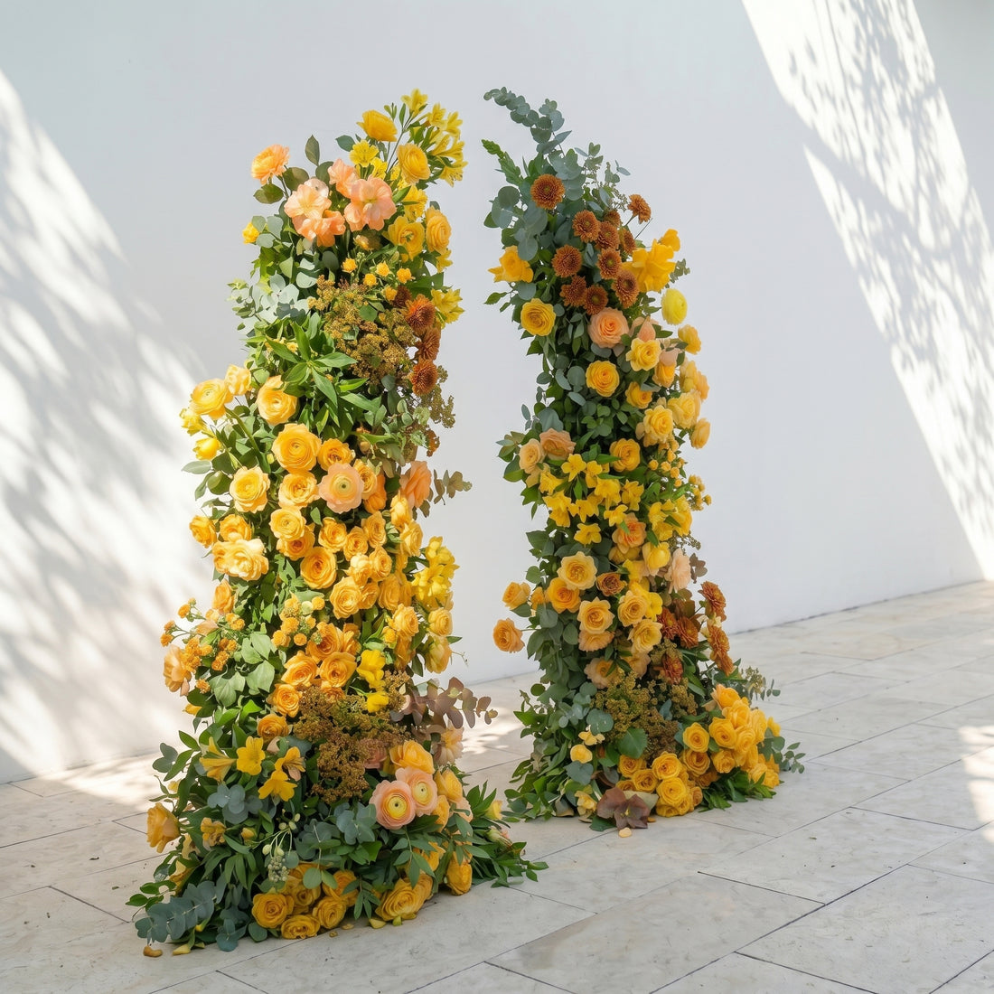 Hazrose:Luxury Warm Sunflower Yellow, Peach Orange &amp; Deep Rust Silk Floral Ground Horn Arch Arrangement with Lush Cascading Eucalyptus Greenery for Romantic Minimalist Weddings &amp; Garden Event Decor Including Frame