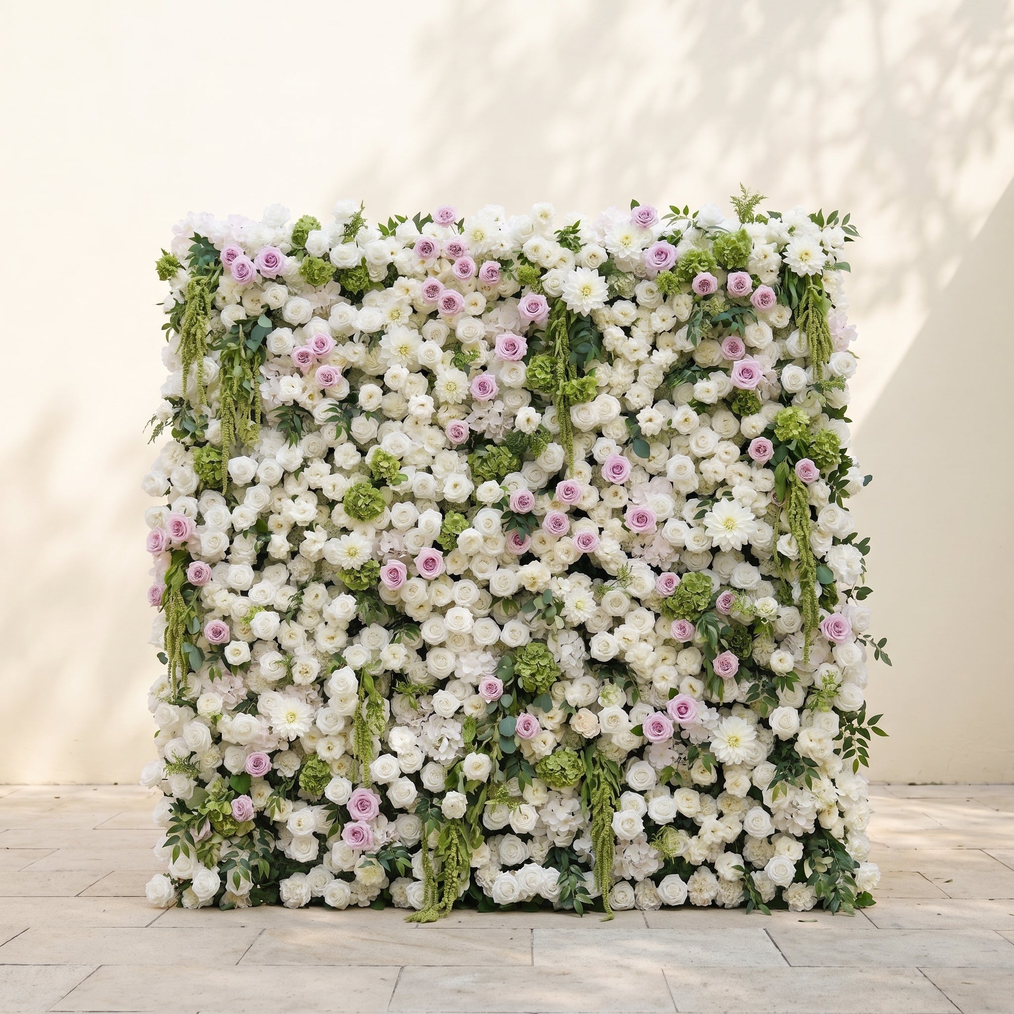 Jollyra:5D Blush Lavender Pink &amp; Ivory White Silk Rose Flower Wall Roll-Up Fabric Backdrop with Lush Greenery for Romantic Weddings &amp; Proposals