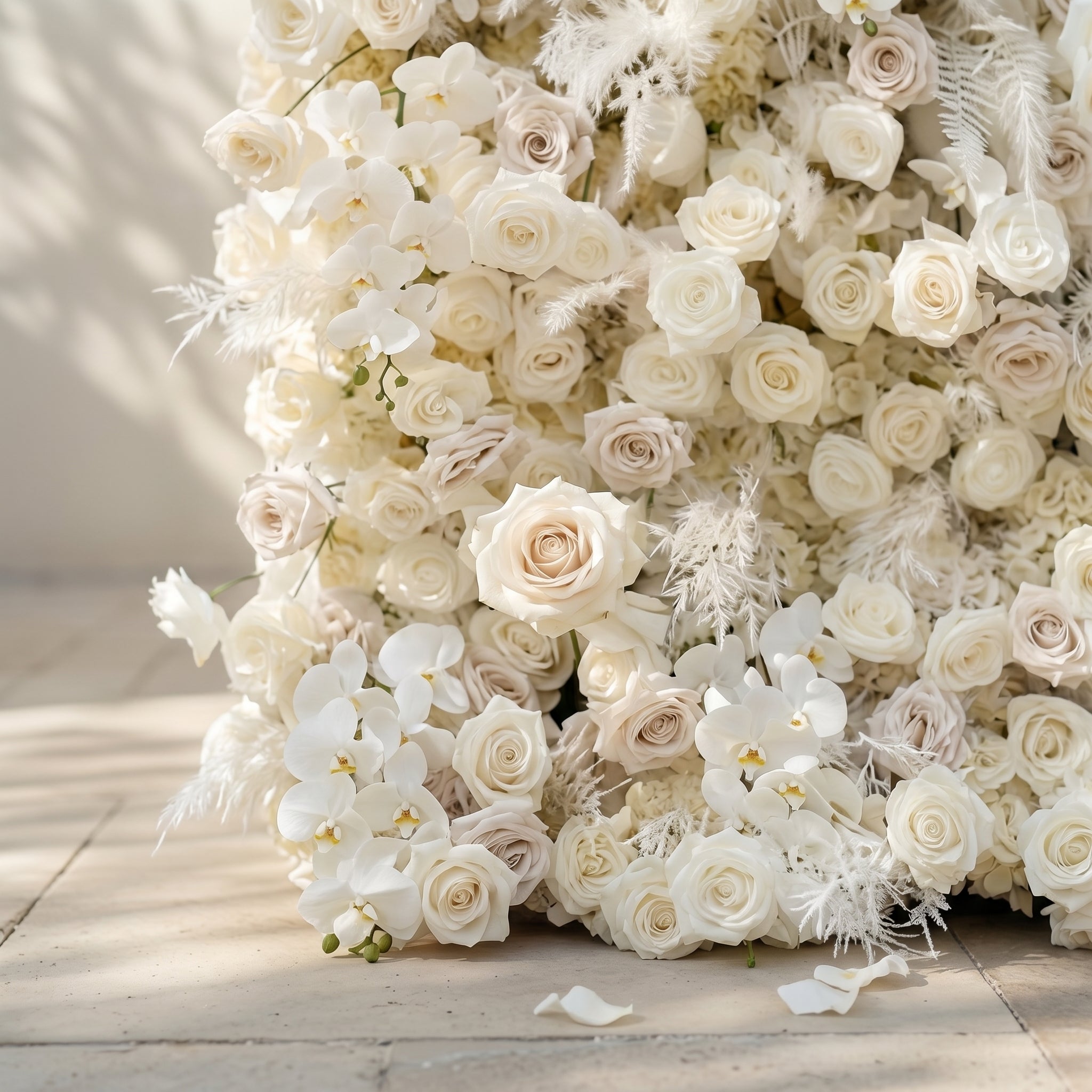 Junbelle:Elegant 5D White Floral Wall with Pampas Grass Accents Roll-Up Backdrop for Whimsical Bridal Showers