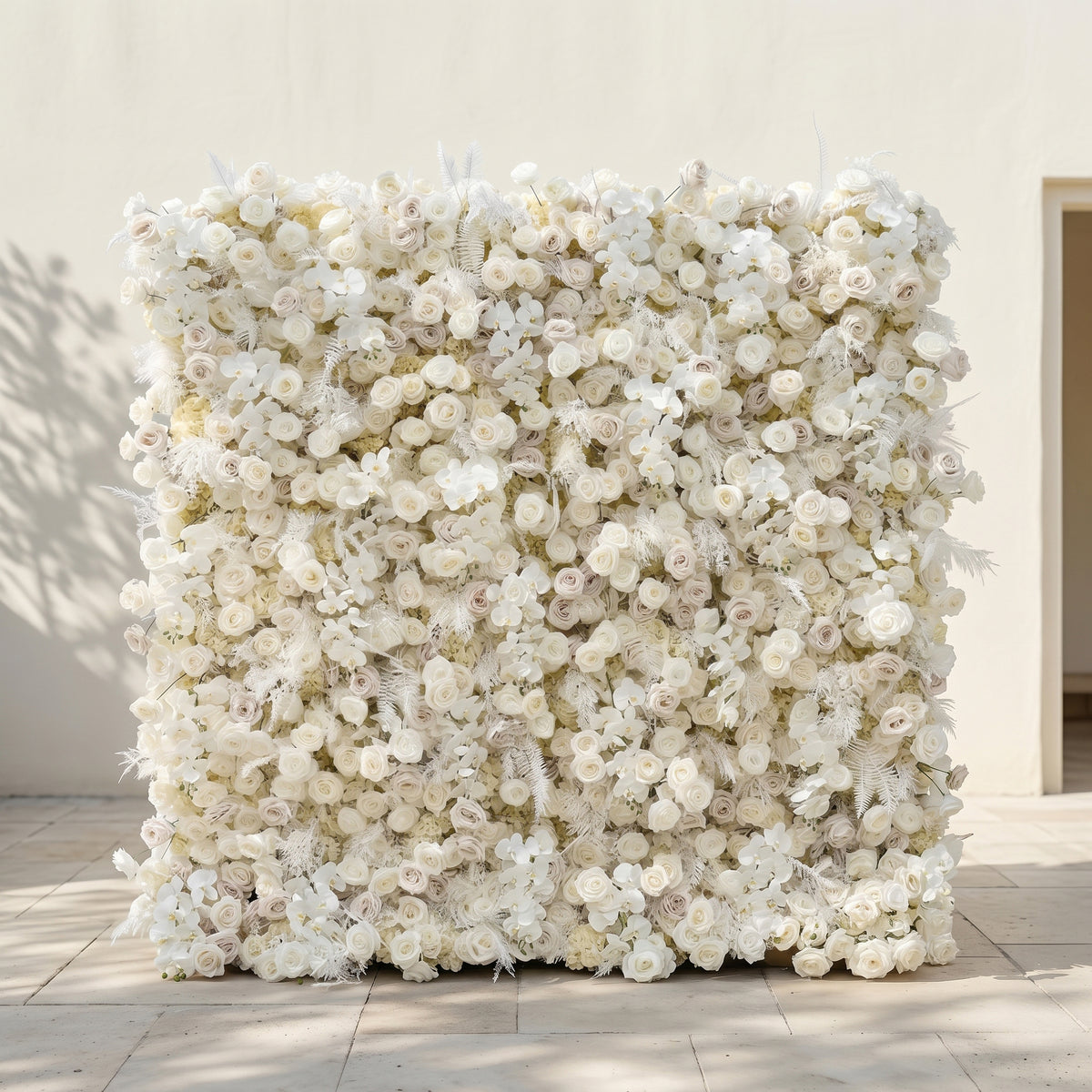 Junbelle:Elegant 5D White Floral Wall with Pampas Grass Accents Roll-Up Backdrop for Whimsical Bridal Showers