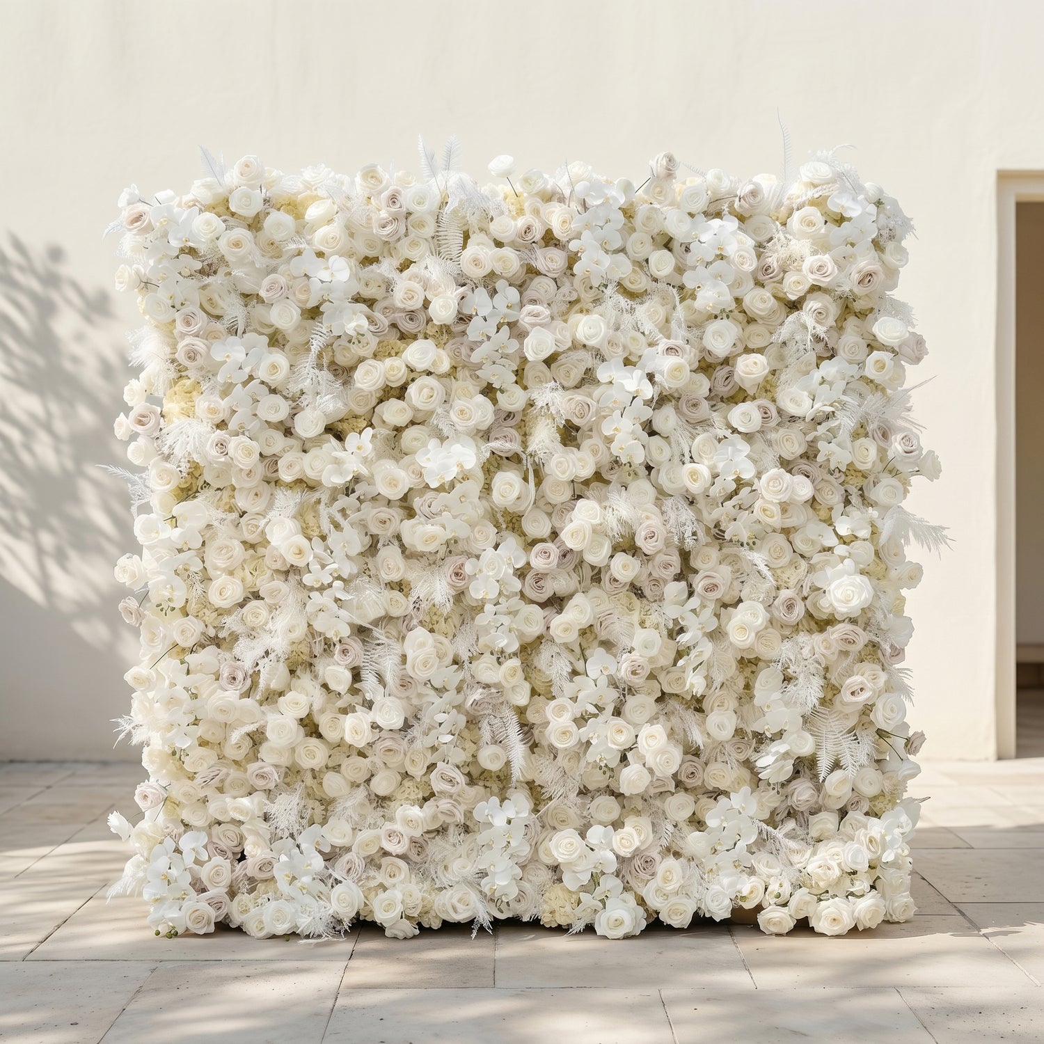 Junbelle:Elegant 5D White Floral Wall with Pampas Grass Accents Roll-Up Backdrop for Whimsical Bridal Showers