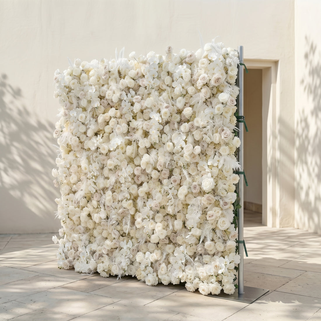 Junbelle:Elegant 5D White Floral Wall with Pampas Grass Accents Roll-Up Backdrop for Whimsical Bridal Showers