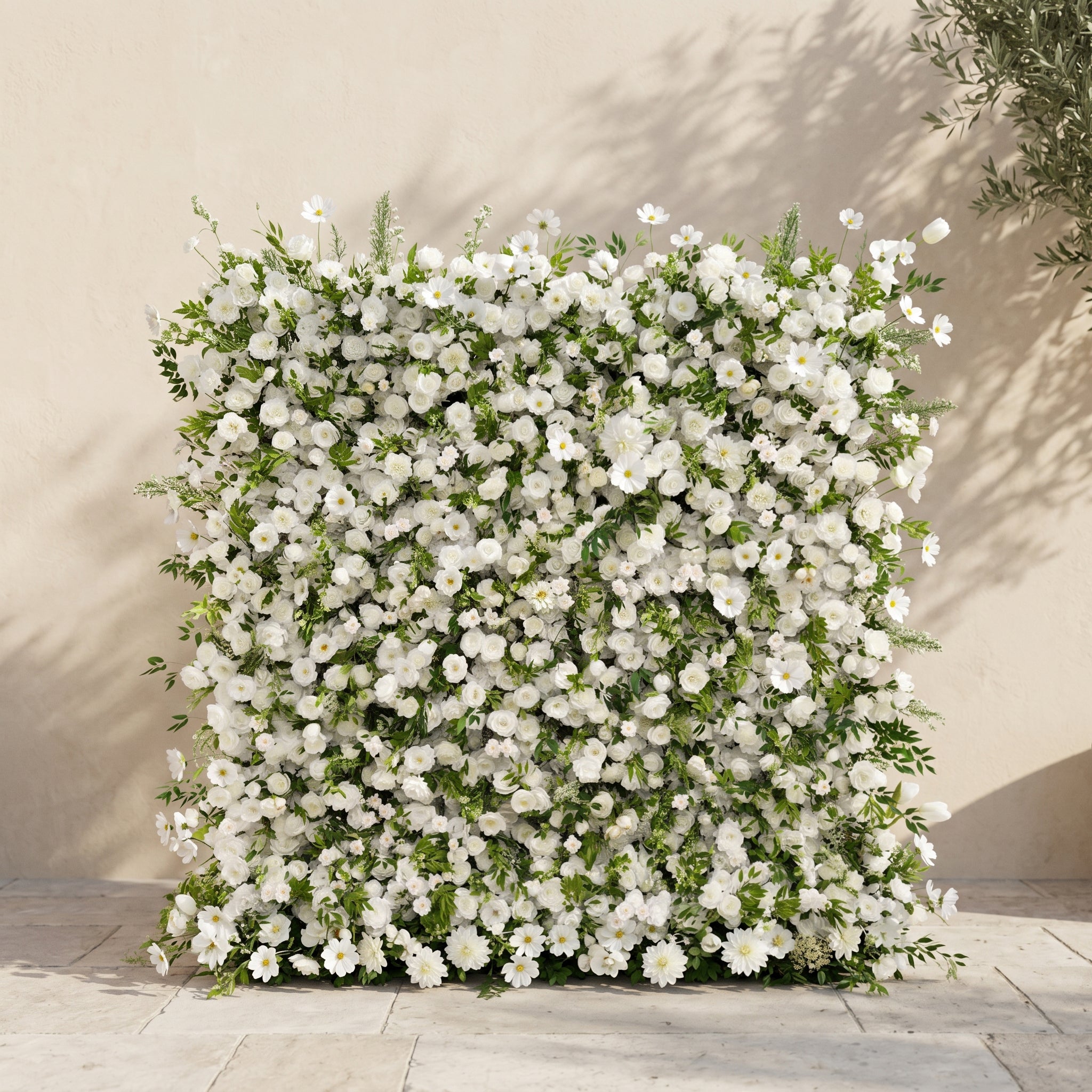 Karelalia:Premium 5D Ivory &amp; Greenery Silk Floral Wall Roll-Up Backdrop for Elegant Minimalist Events