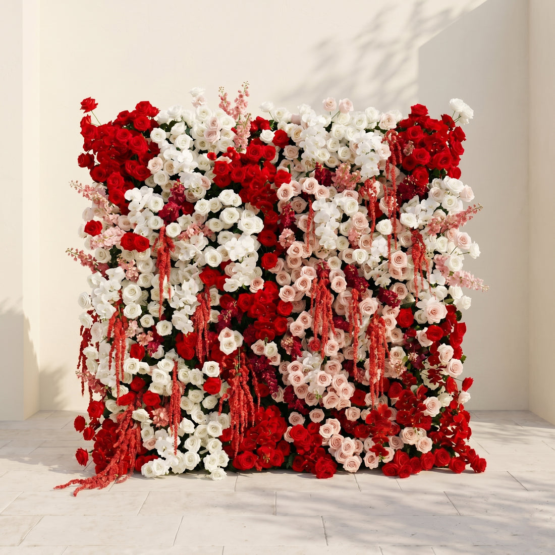 Karelena:Luxury 5D Roll-up Colorful Flower Wall with White&amp;Red&amp;Pink Roses for Wedding and Events Decor karelena front
